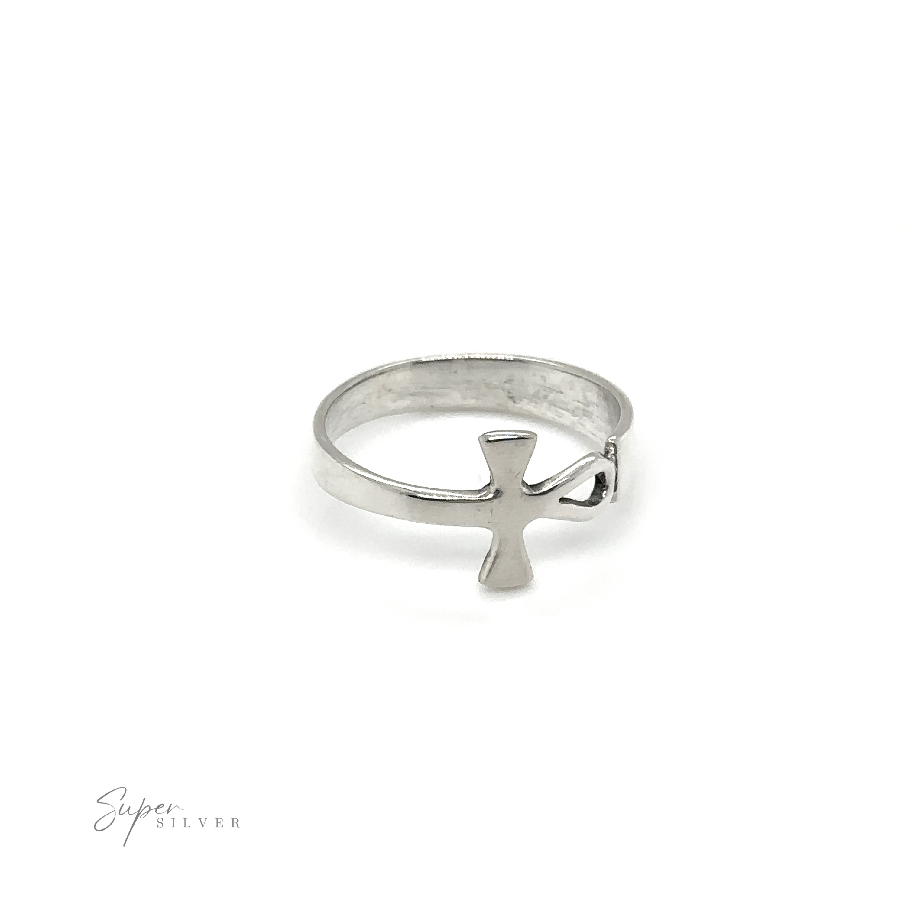 An elegant Sideways Connecting Ankh Ring with a minimalist design and an intricate cross.