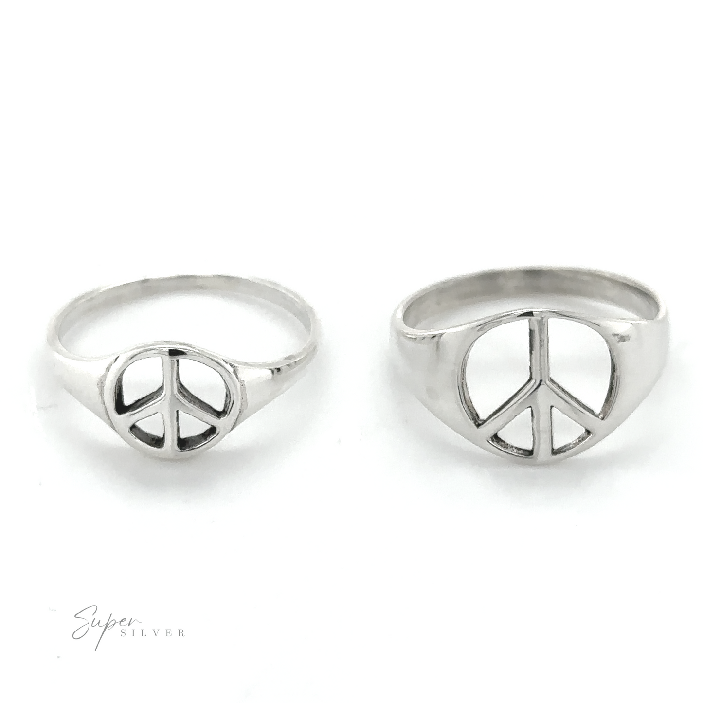 Two tapered style silver peace rings symbolizing unity and harmony.
