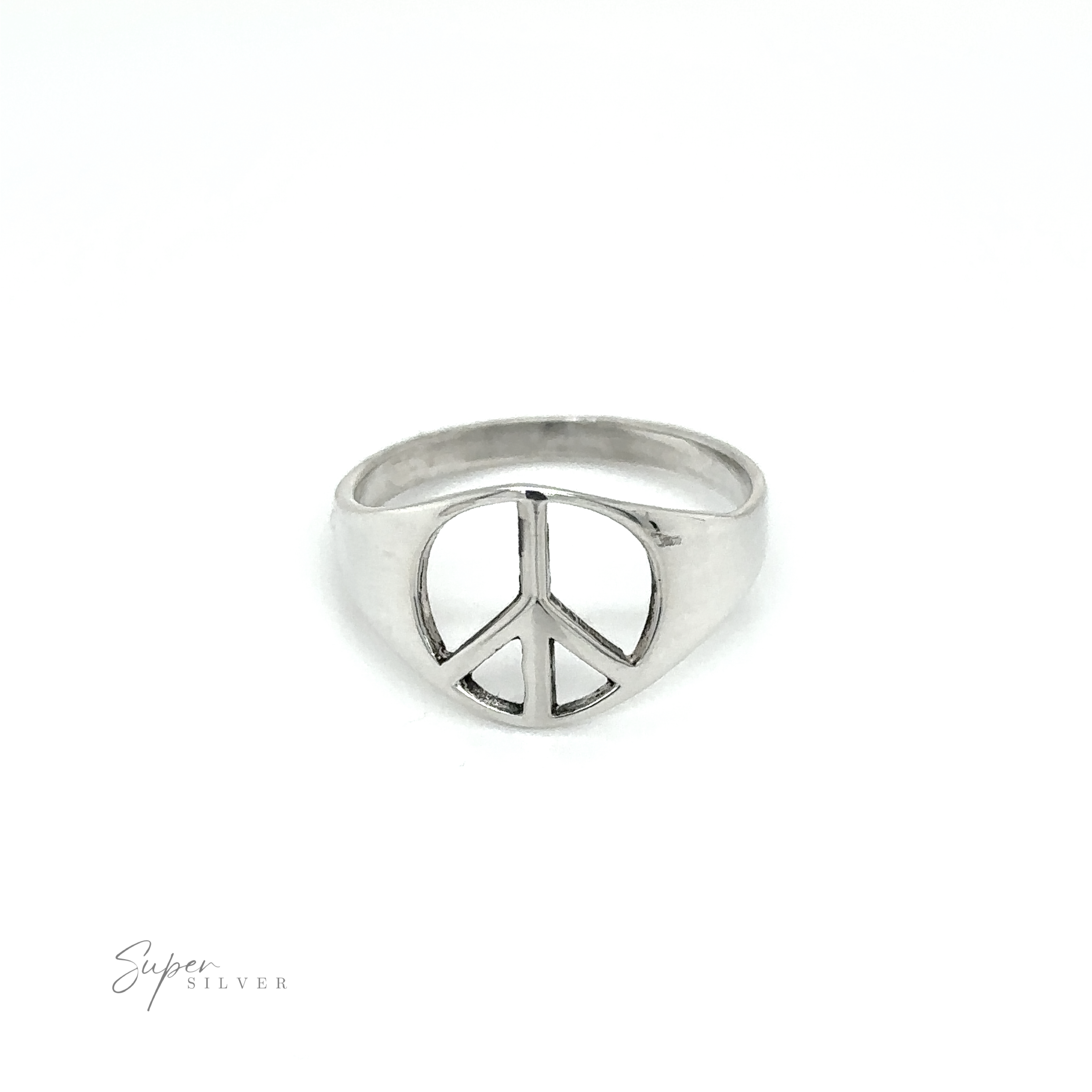 This Tapered Peace Ring features a peace sign, symbolizing unity and harmony.