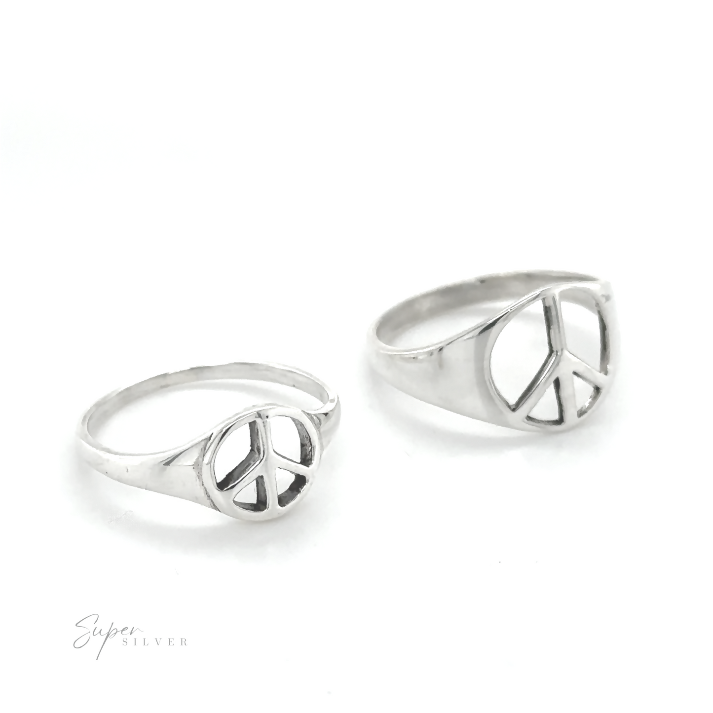 Classic-style tapered peace rings featuring a peace sign symbol, promoting unity and harmony.