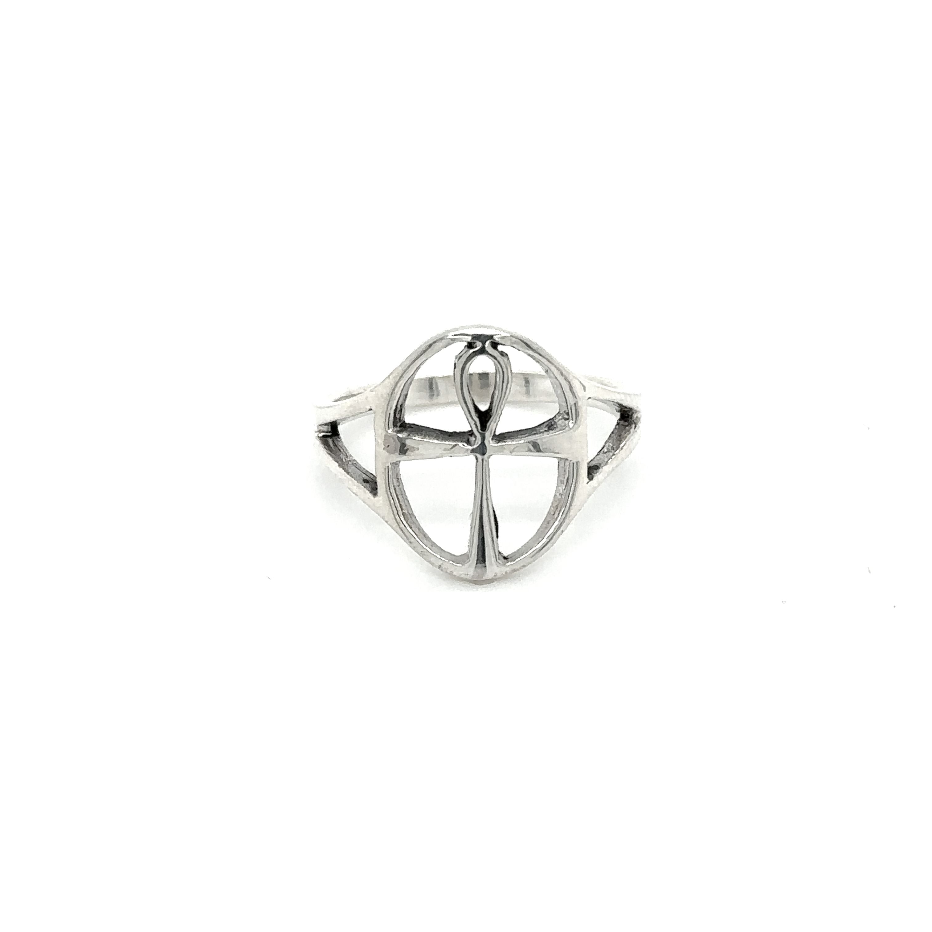 An ancient wisdom symbol, the Outlined Ankh Ring, displayed as a Super Silver Egyptian cross ring on a serene white background.