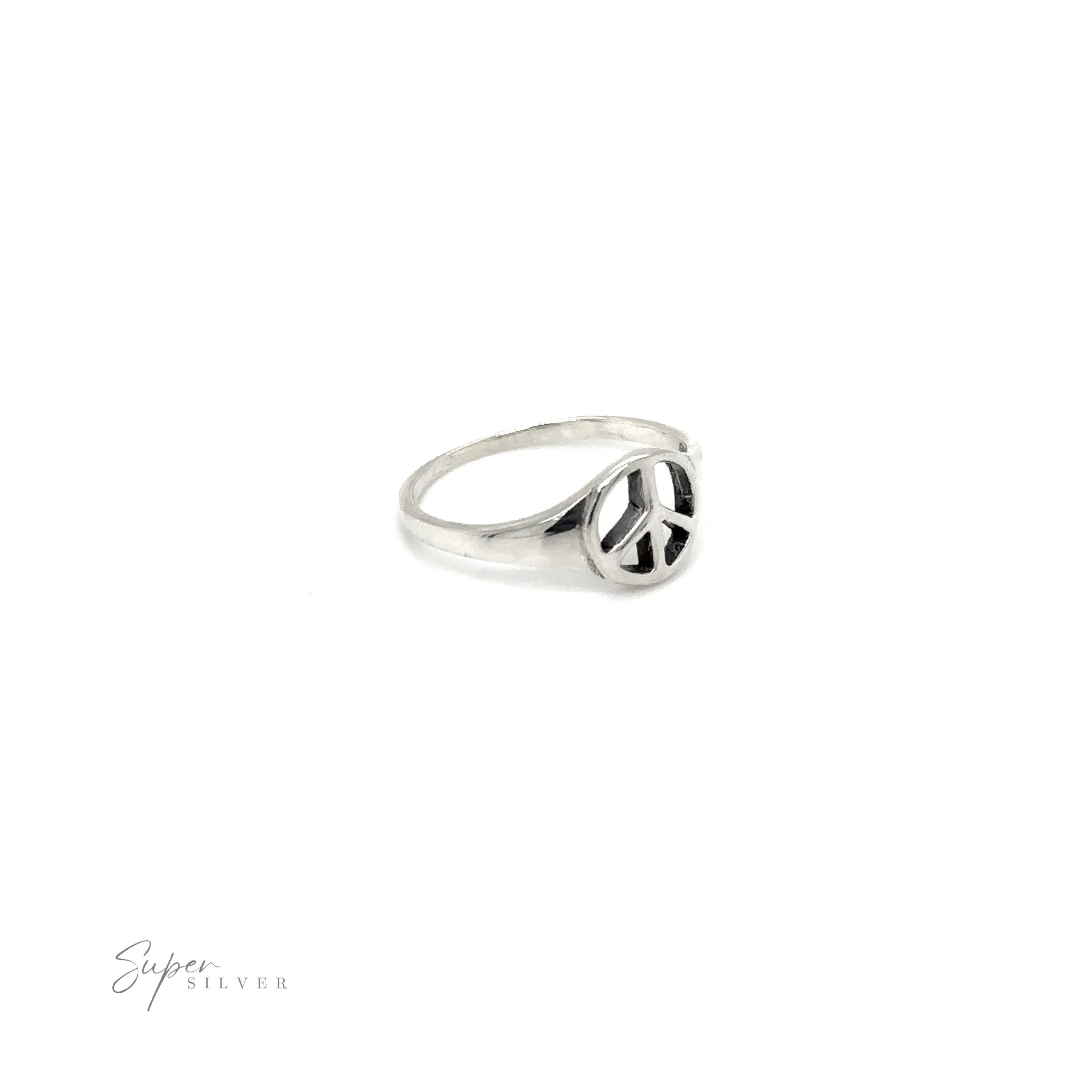 A classic style Tapered Peace Ring adorned with a peace sign, symbolizing unity and harmony.