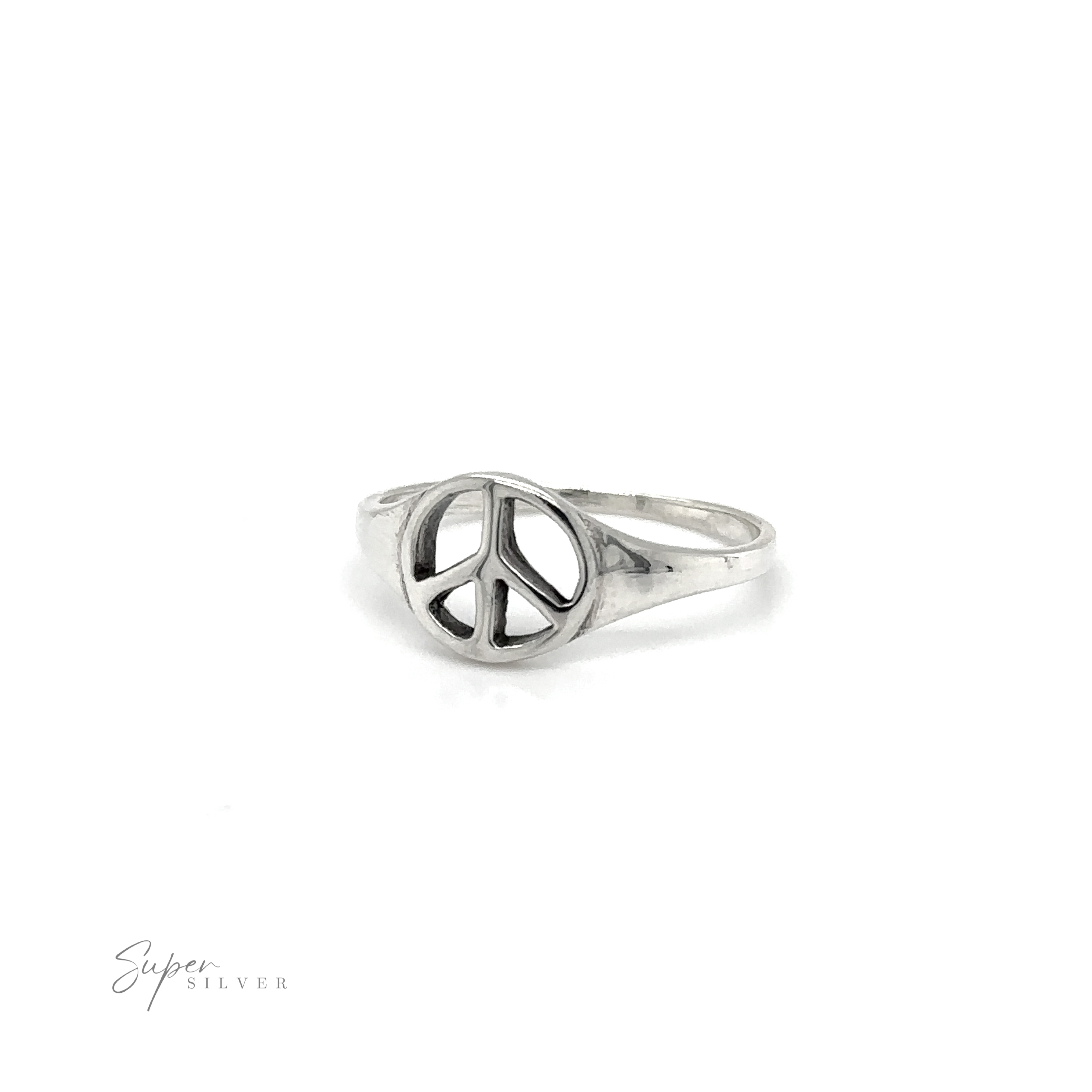 A classic style Tapered Peace Ring adorned with a peace sign, symbolizing unity and harmony.