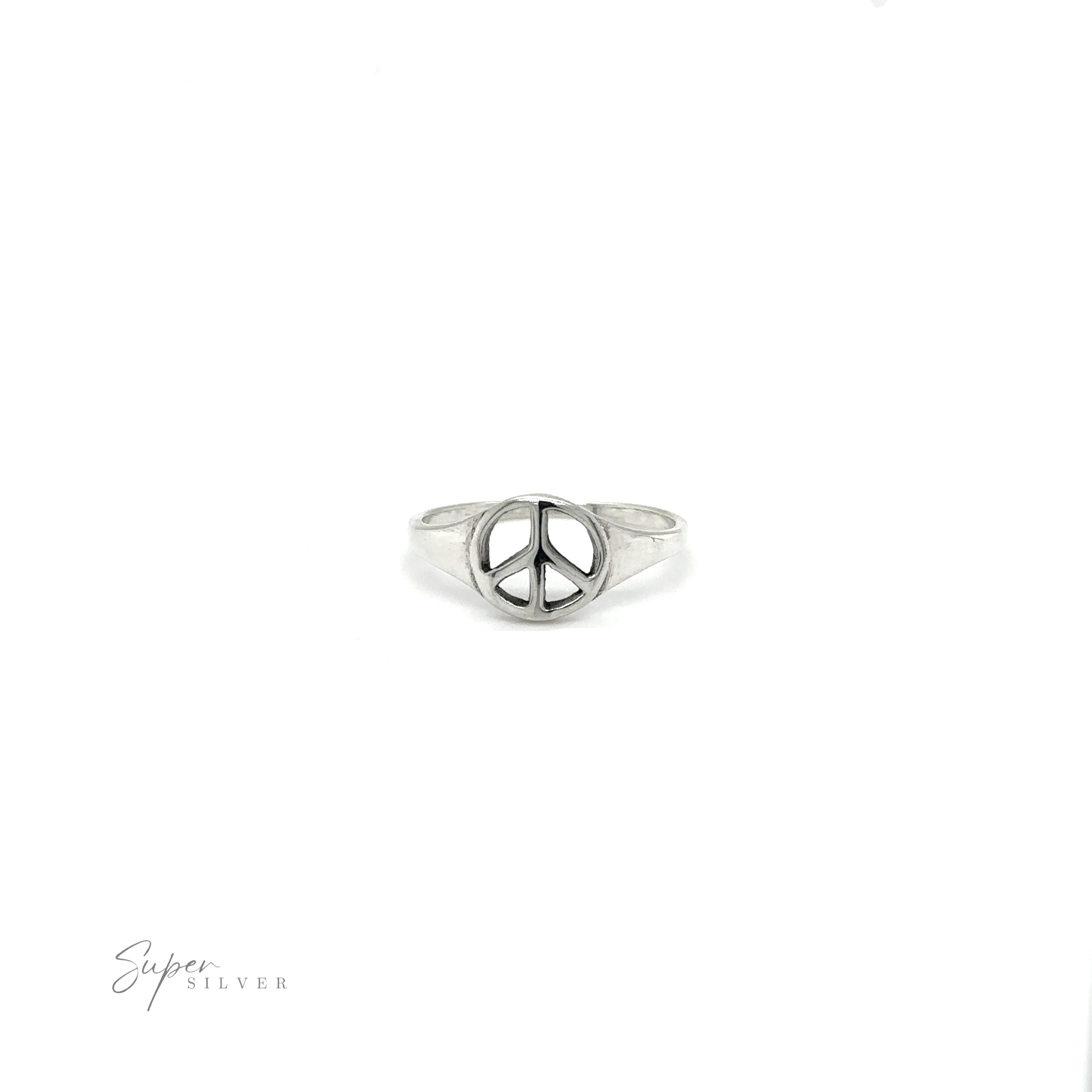 A classic style Tapered Peace Ring adorned with a peaceful unity and harmony symbol.