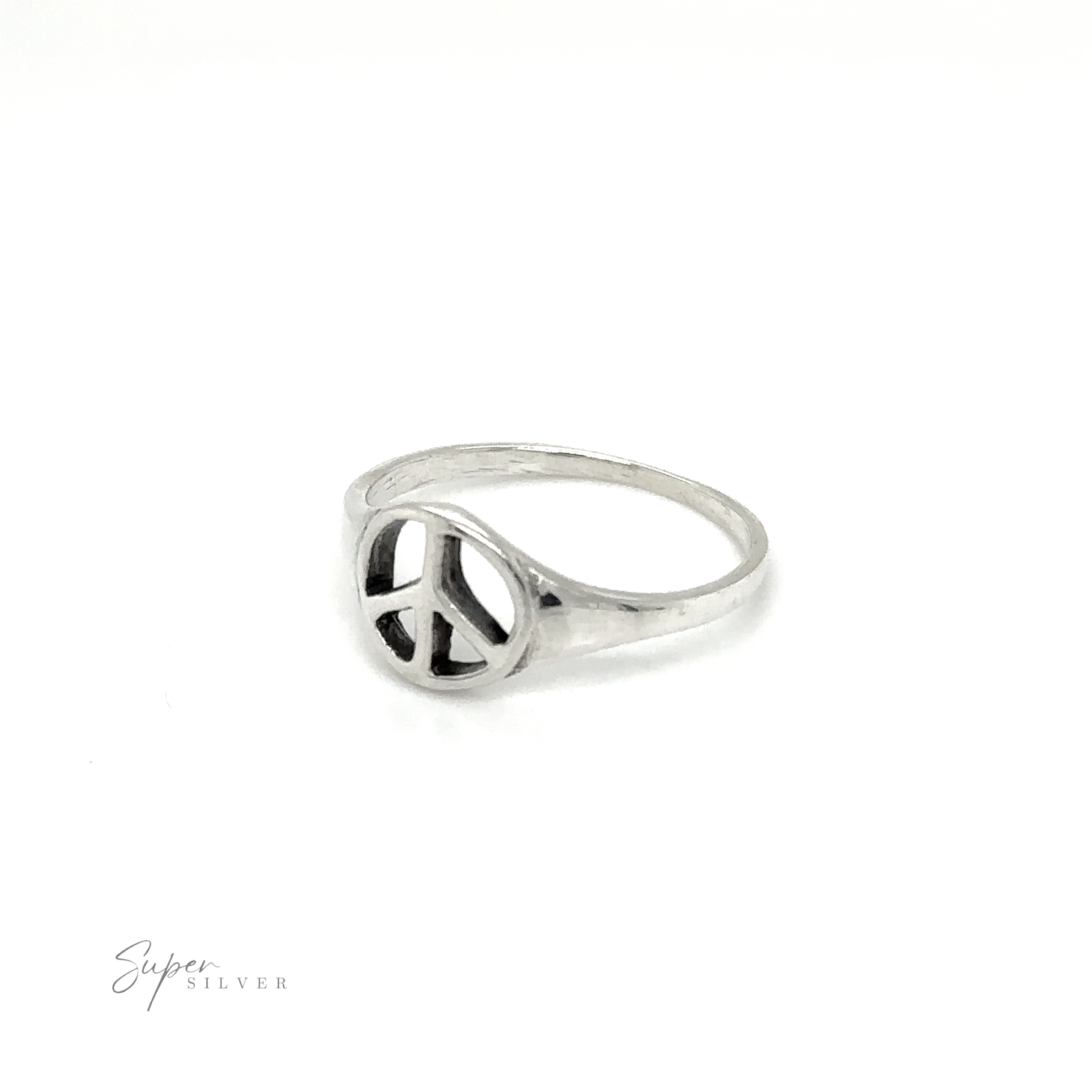 A classic style Tapered Peace Ring with a peace sign on it, representing unity and harmony.