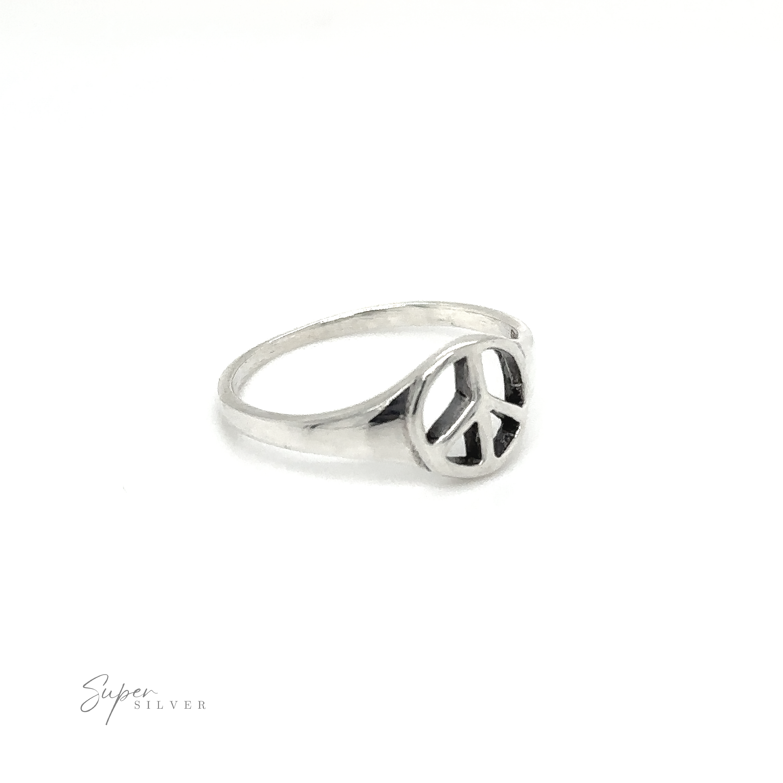 A classic style silver Tapered Peace Ring adorned with a peace sign, symbolizing unity and harmony. Perfect for those seeking peace rings to showcase their commitment to fostering peaceful relationships.