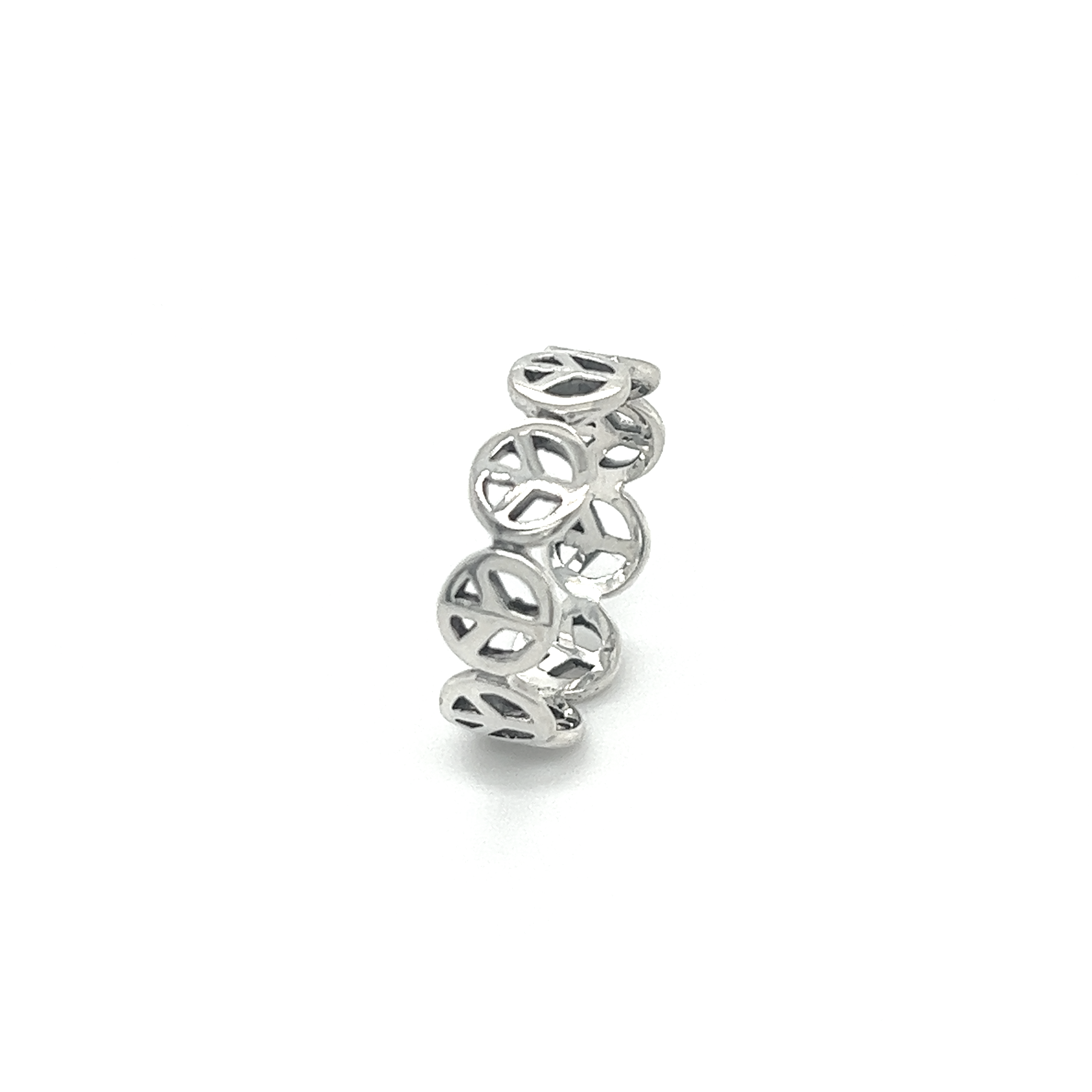 This Super Silver Peace Sign Band ring features a peace sign, symbolizing unity and peace.