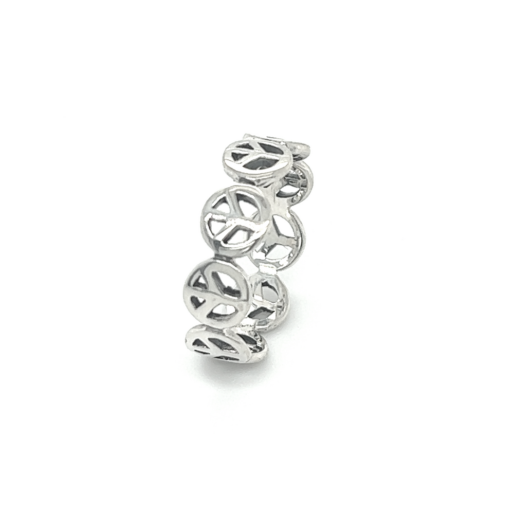 A Super Silver Peace Sign Band ring featuring a peace sign design in silver.