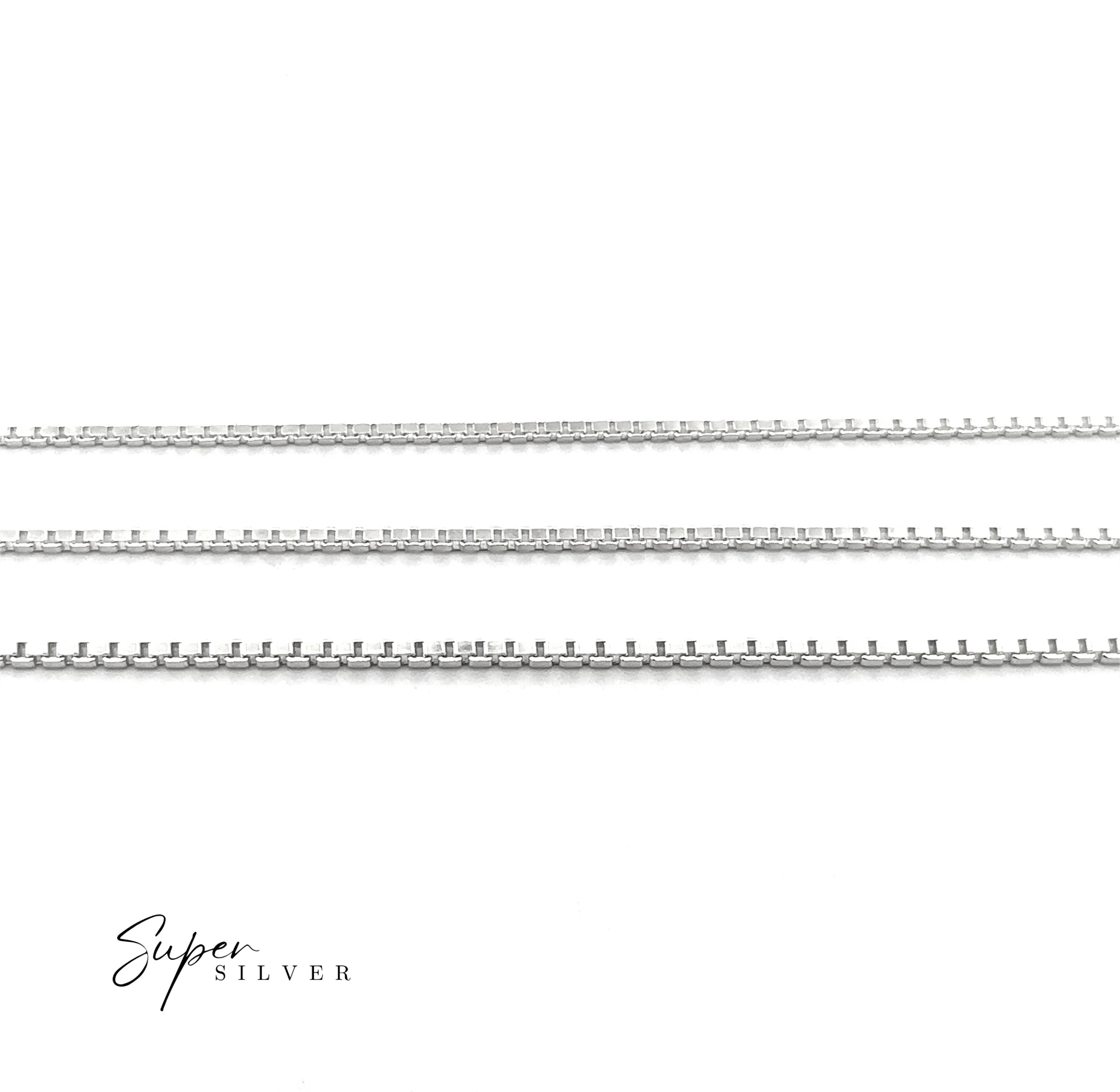 Three parallel Italian Edge Box Chains are displayed on a white background with the "Super Silver" logo in the corner, highlighting a sleek, minimalist men's necklace crafted from sterling silver.