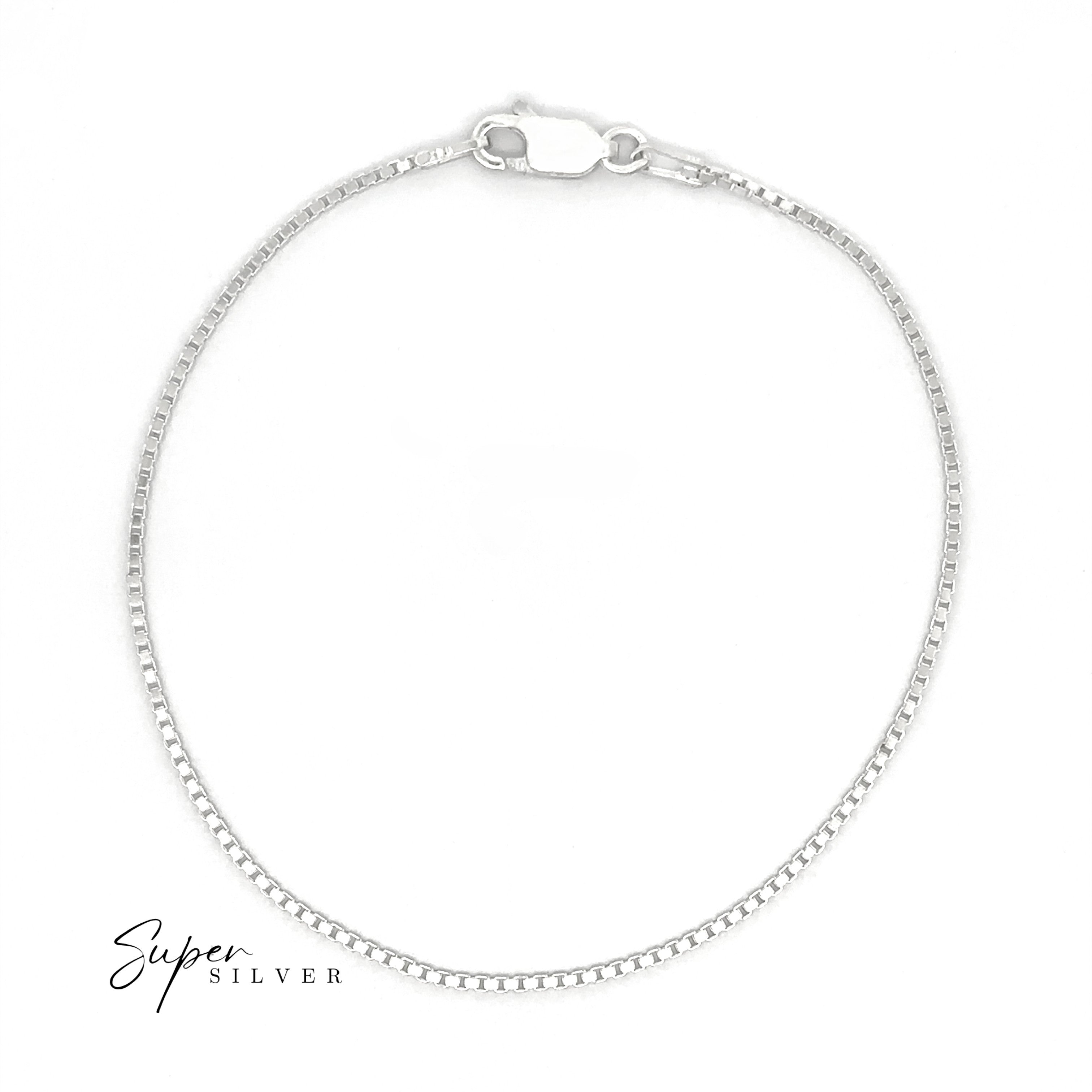 An Italian Edge Box Chain sterling silver bracelet with a lobster clasp, shown on a white background. "Super Silver" is displayed in the bottom left corner.