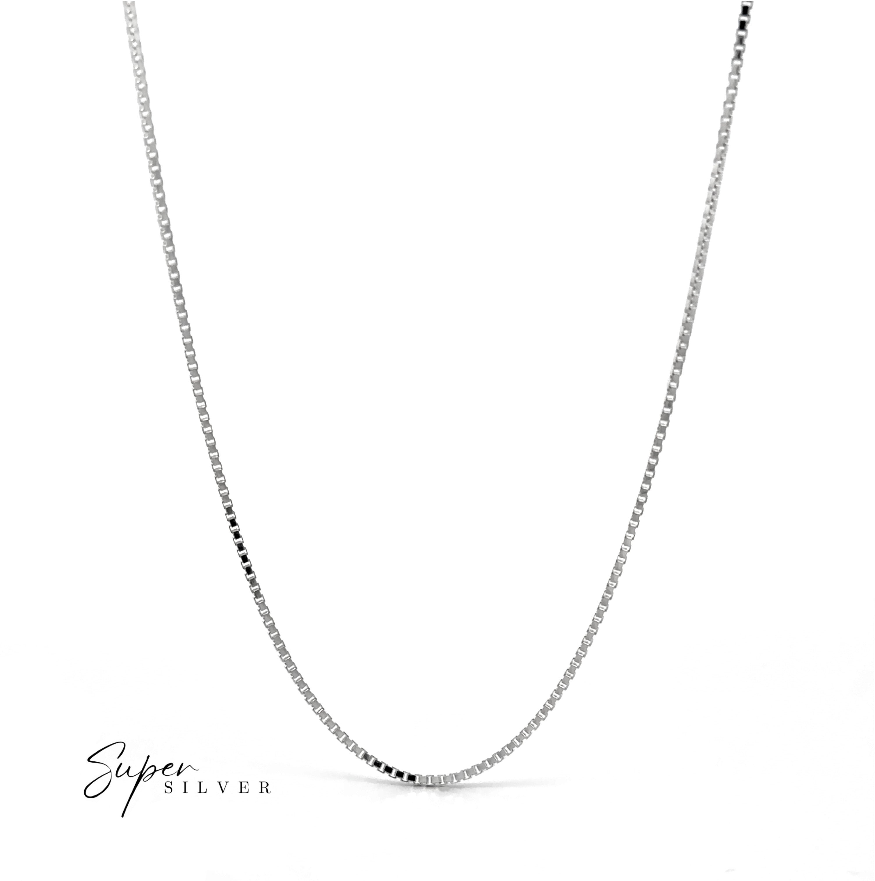 An Italian Edge Box Chain sterling silver necklace is displayed on a white background, with "Super Silver" text in the bottom left corner.