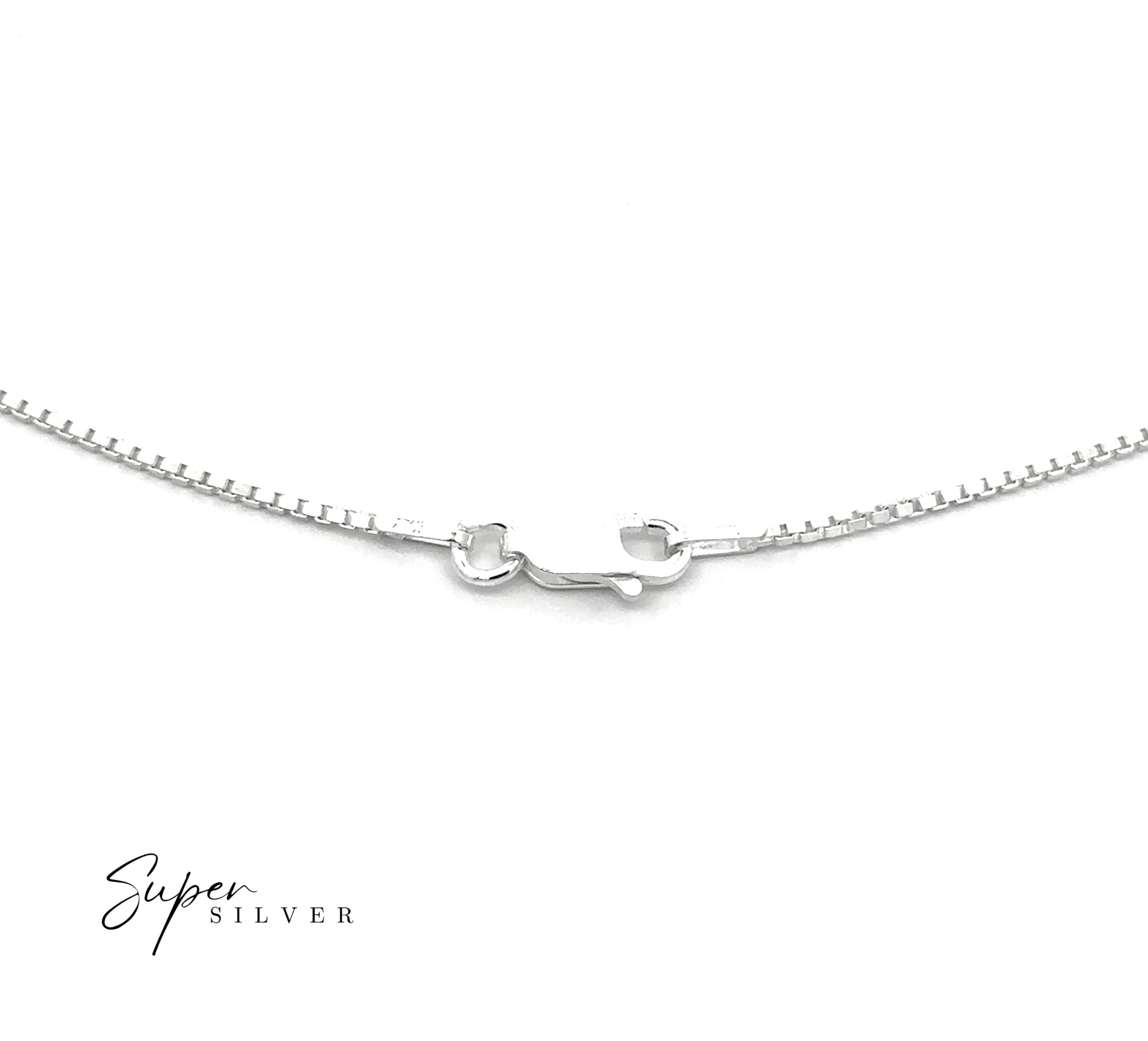 Close-up of the Italian Edge Box Chain in sterling silver, featuring a spring ring clasp. Displayed on a white background with the "Super Silver" logo in the bottom left corner.