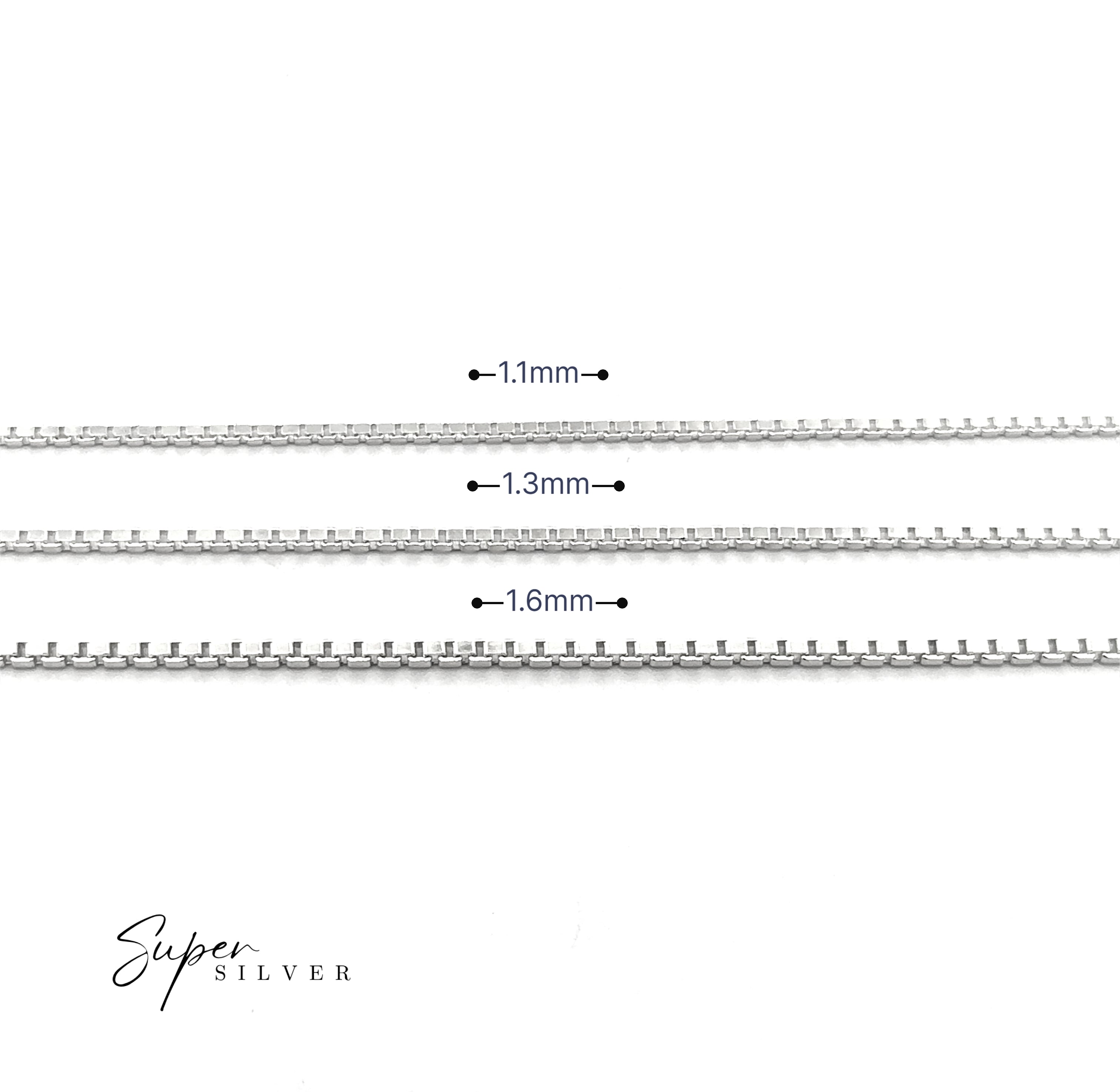 Three Italian Edge Box Chains in sterling silver (1.1mm, 1.3mm, 1.6mm) are shown horizontally on a white background—ideal for a minimalist men’s necklace. "Super Silver" appears at the bottom left.