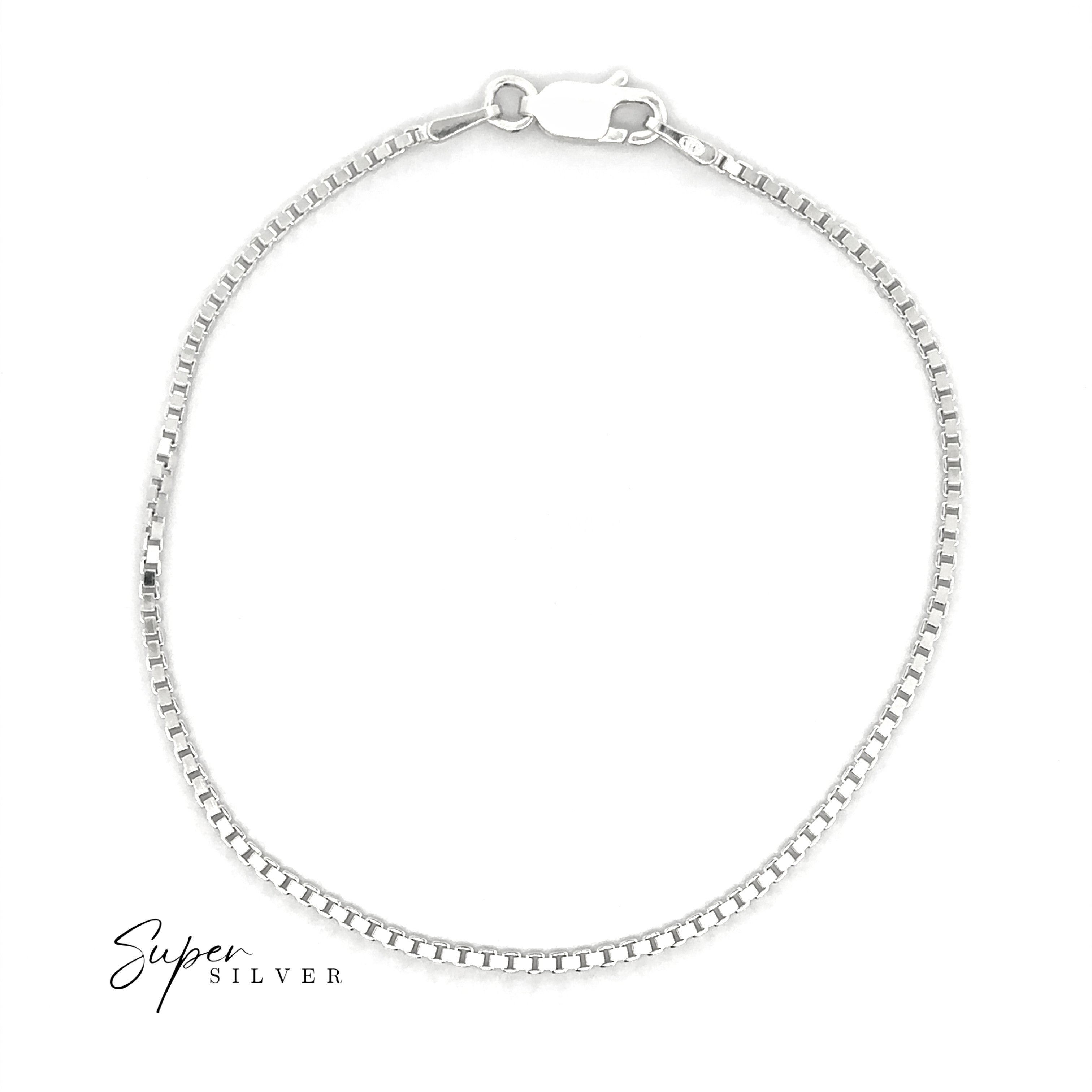 The Italian Edge Box Chain is a sleek, thin sterling silver bracelet with a lobster clasp, shown on a white background featuring the "Super Silver" logo in the corner.