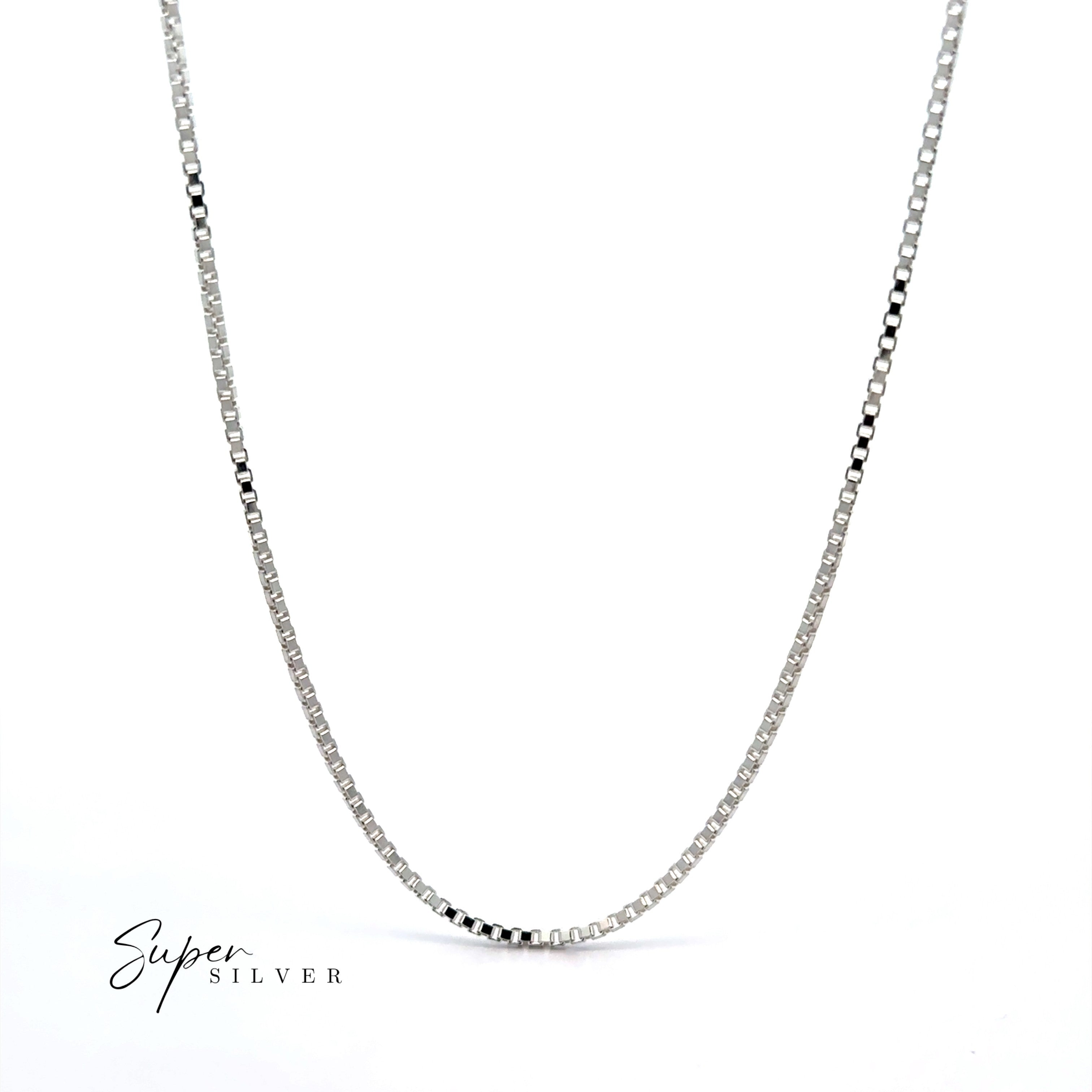 The Italian Edge Box Chain necklace in sterling silver is shown against a white background, featuring the "Super Silver" logo at the bottom left. Ideal as a minimalist men's necklace.