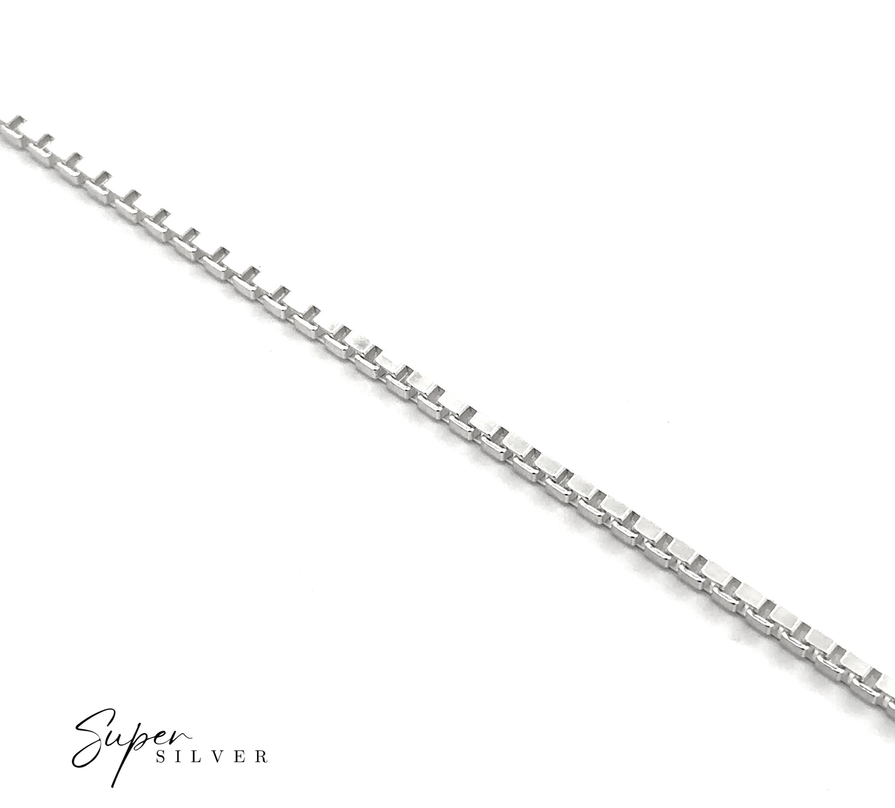 A close-up of the Bold Italian Box Chain necklace on a white background, with "Super Silver" in the bottom left corner.