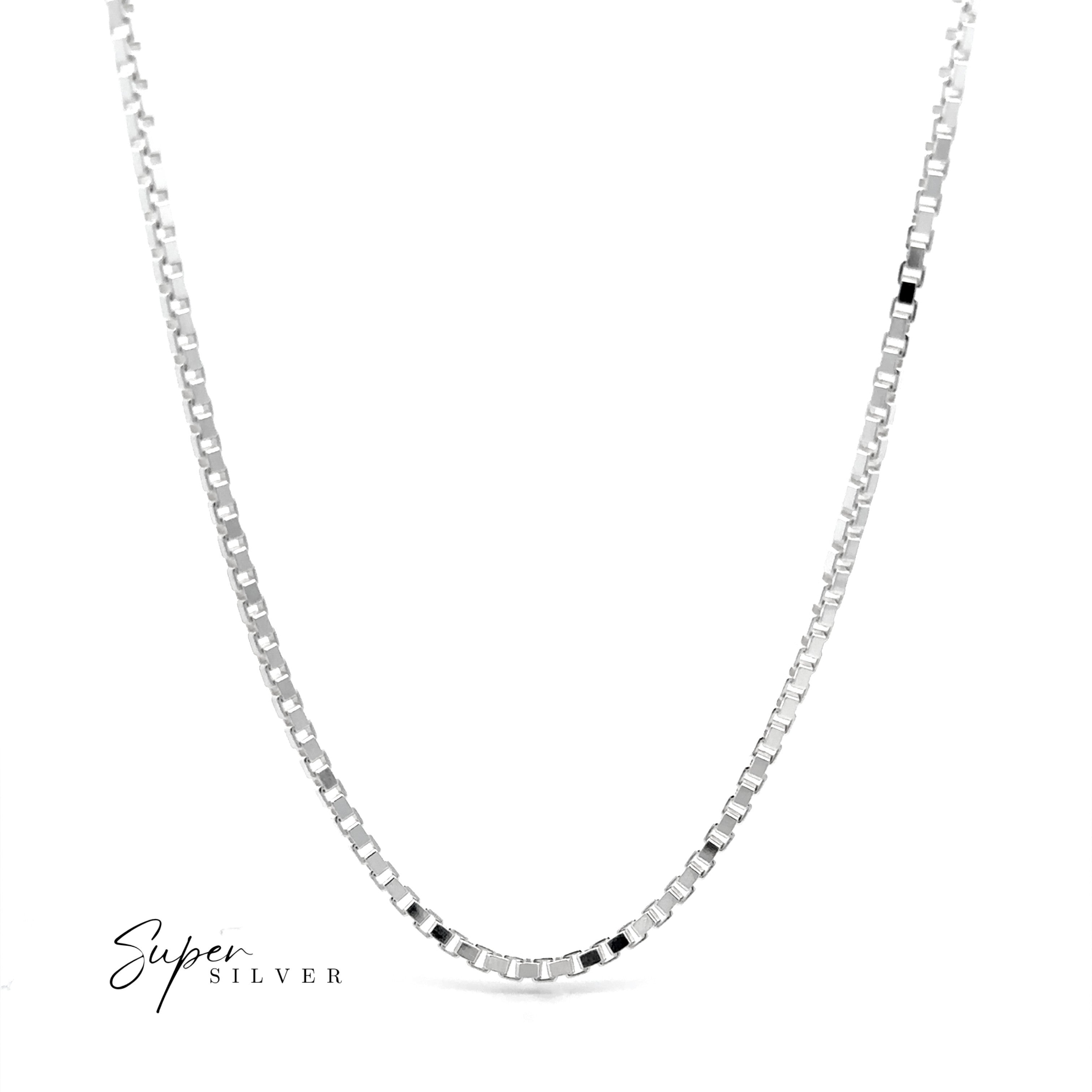 A close-up of the Bold Italian Box Chain—a minimalist sterling silver necklace—displayed on a white background, with "Super Silver" in the bottom left corner.