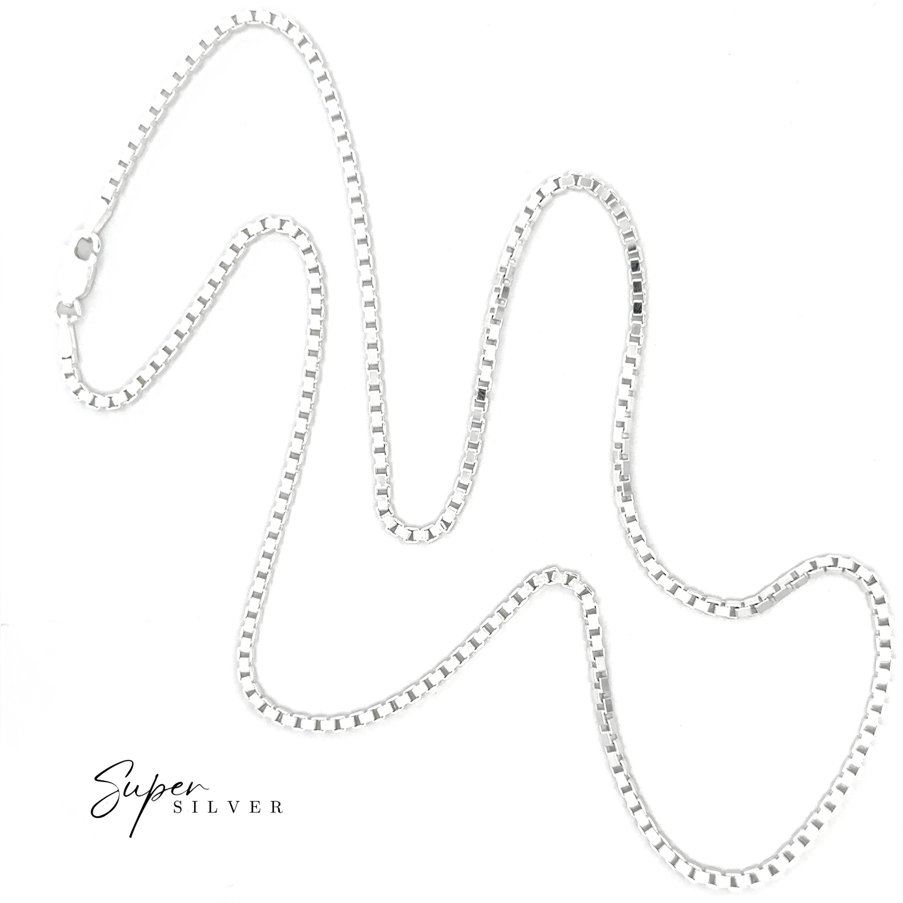 The Bold Italian Box Chain is a minimalist sterling silver necklace with a lobster clasp, shown in a zigzag pattern on a white background. The "Super Silver" logo is displayed in the bottom left corner.