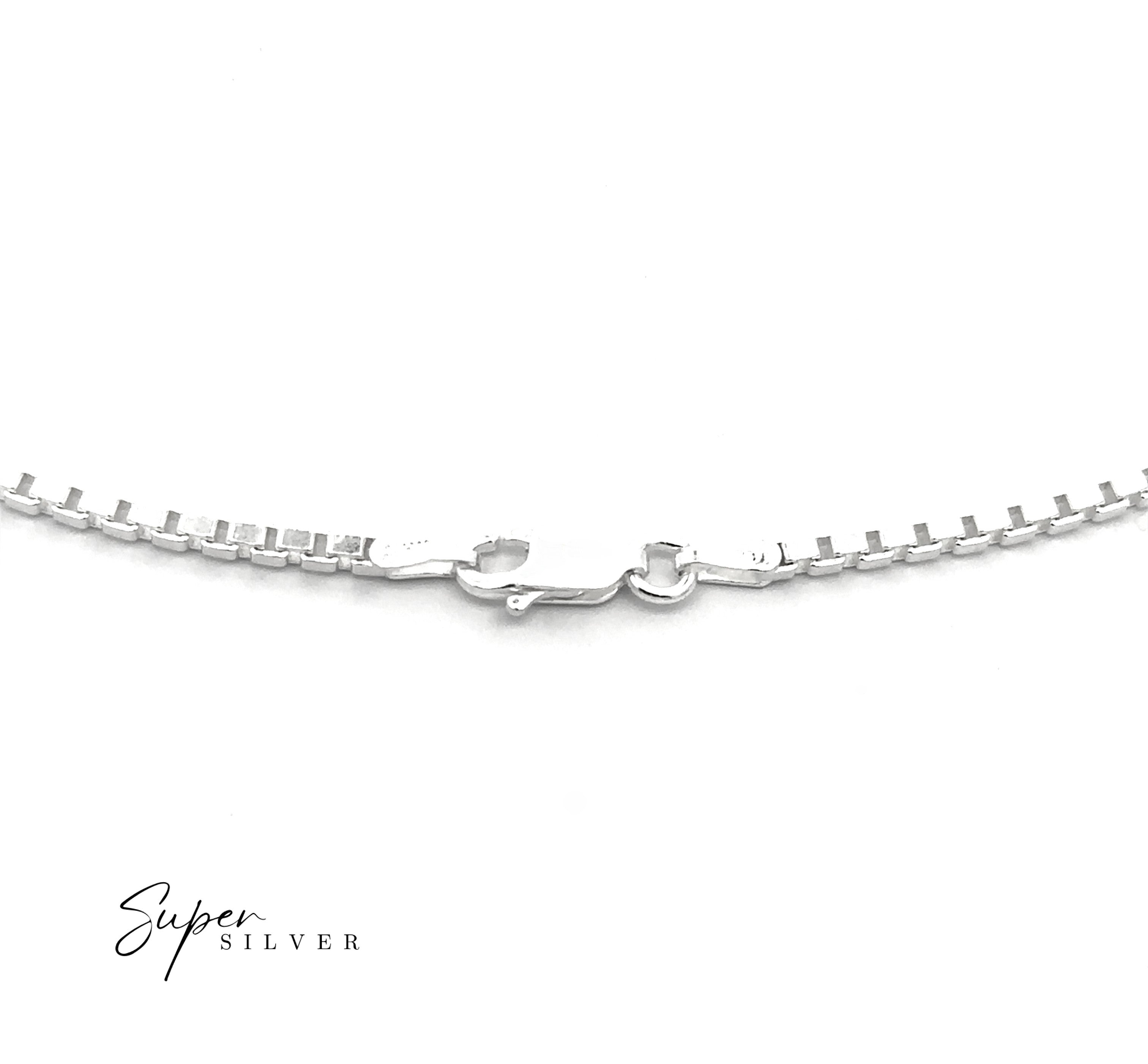 Close-up of the Bold Italian Box Chain, a sterling silver necklace with a lobster clasp, shown on a white background. "Super Silver" appears in the lower left. Ideal for fans of minimalist jewelry.