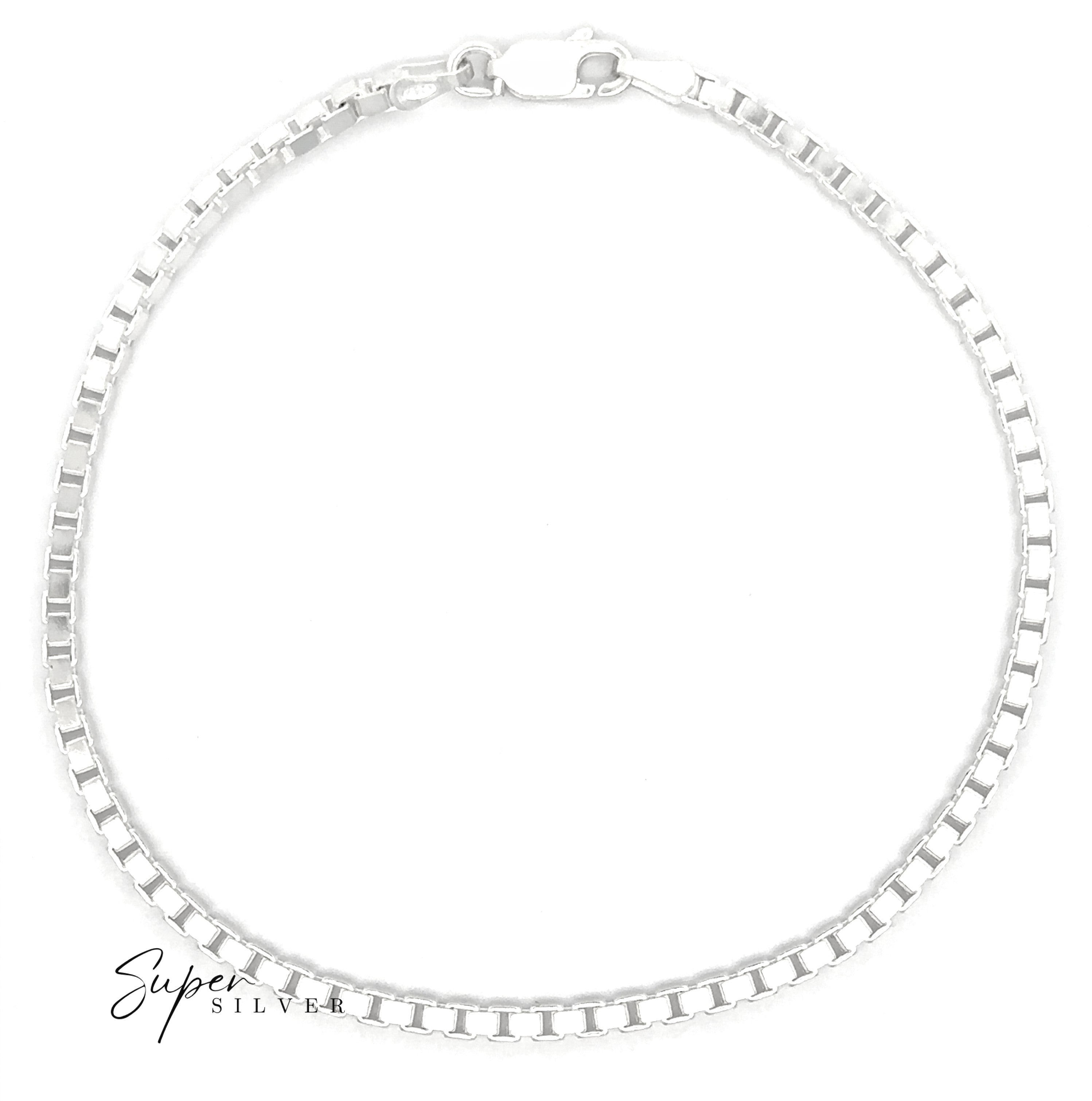 The Italian Titan Box Chain is a sterling silver box chain bracelet with a lobster clasp, shown in a circle on a white background. The "Super Silver" logo appears in the bottom left corner, enhancing its elegant appeal.