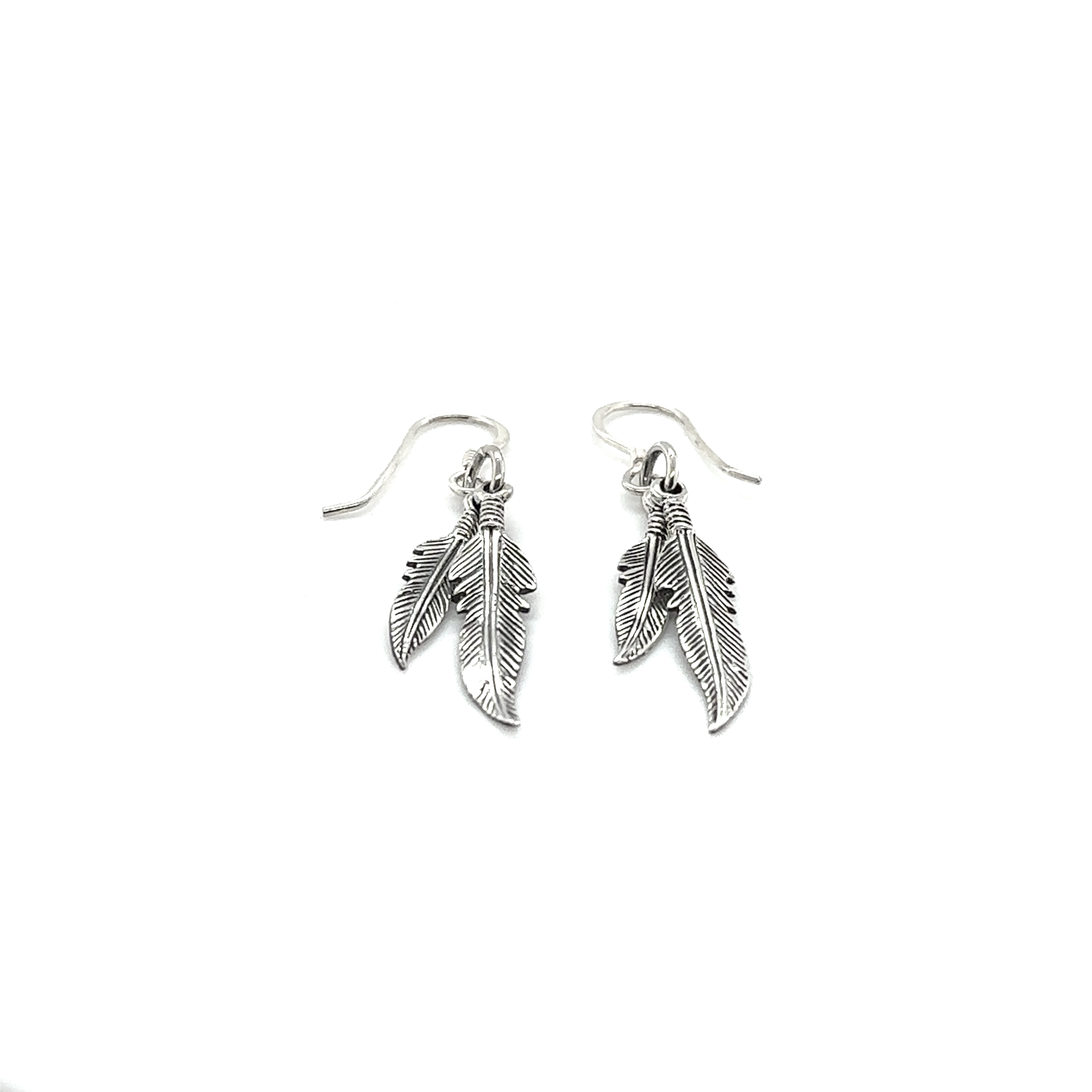 Super Silver's Double Feather Earrings, featuring french hooks, showcased on a clean white background.
