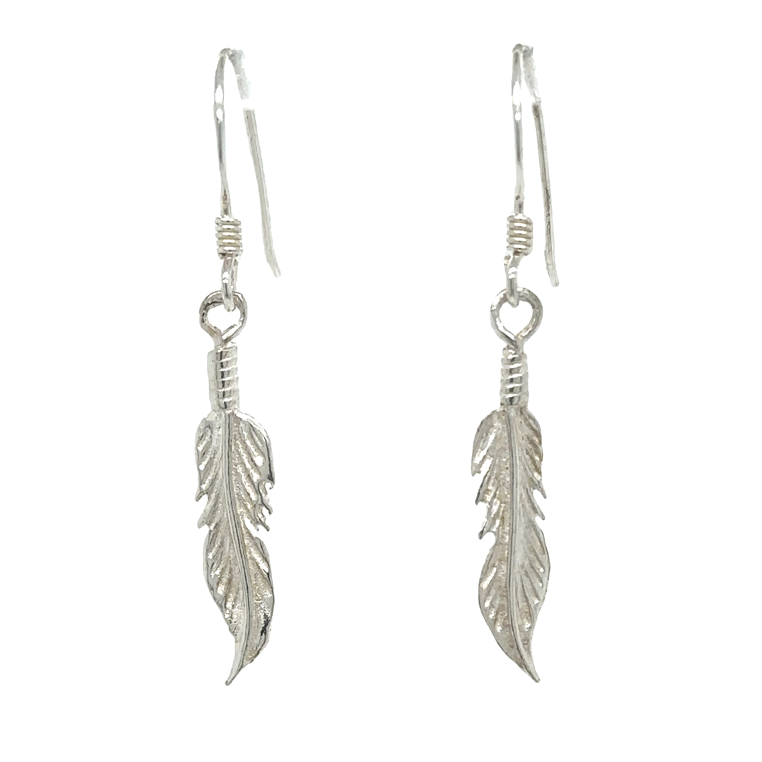 A pair of Super Silver Tiny Feather Earrings with a boho-styled design and silver finish.