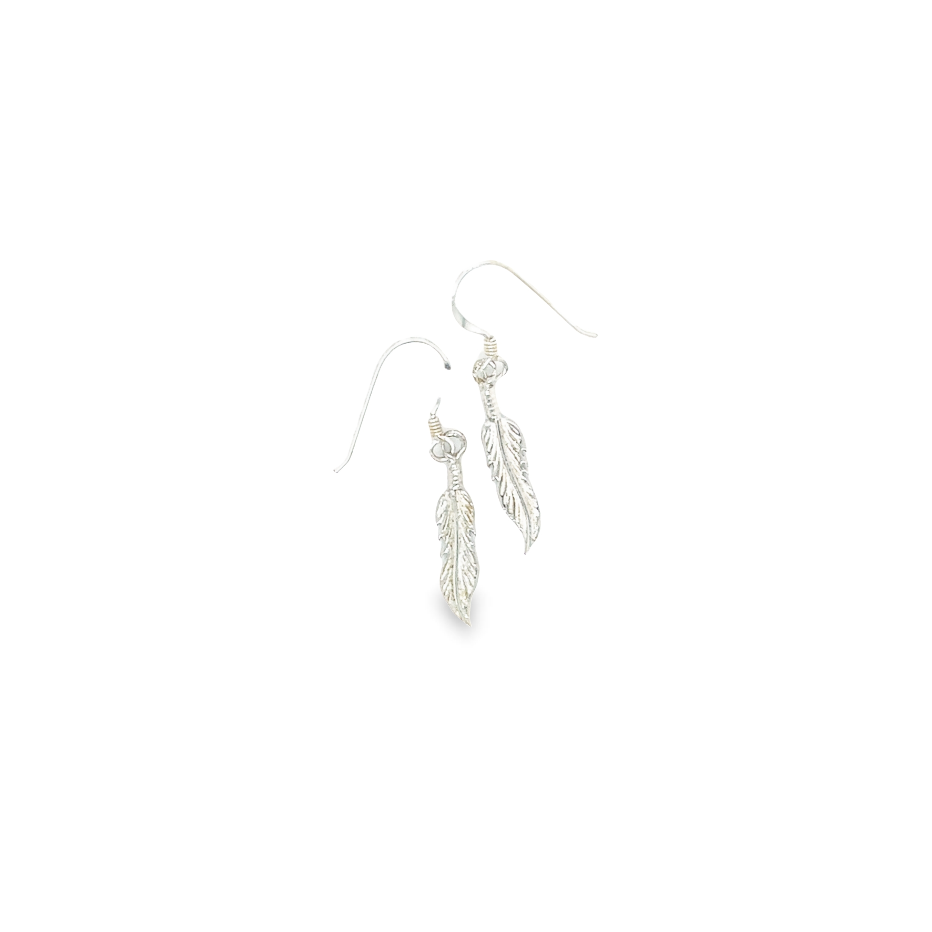 A pair of Super Silver Tiny Feather Earrings.
