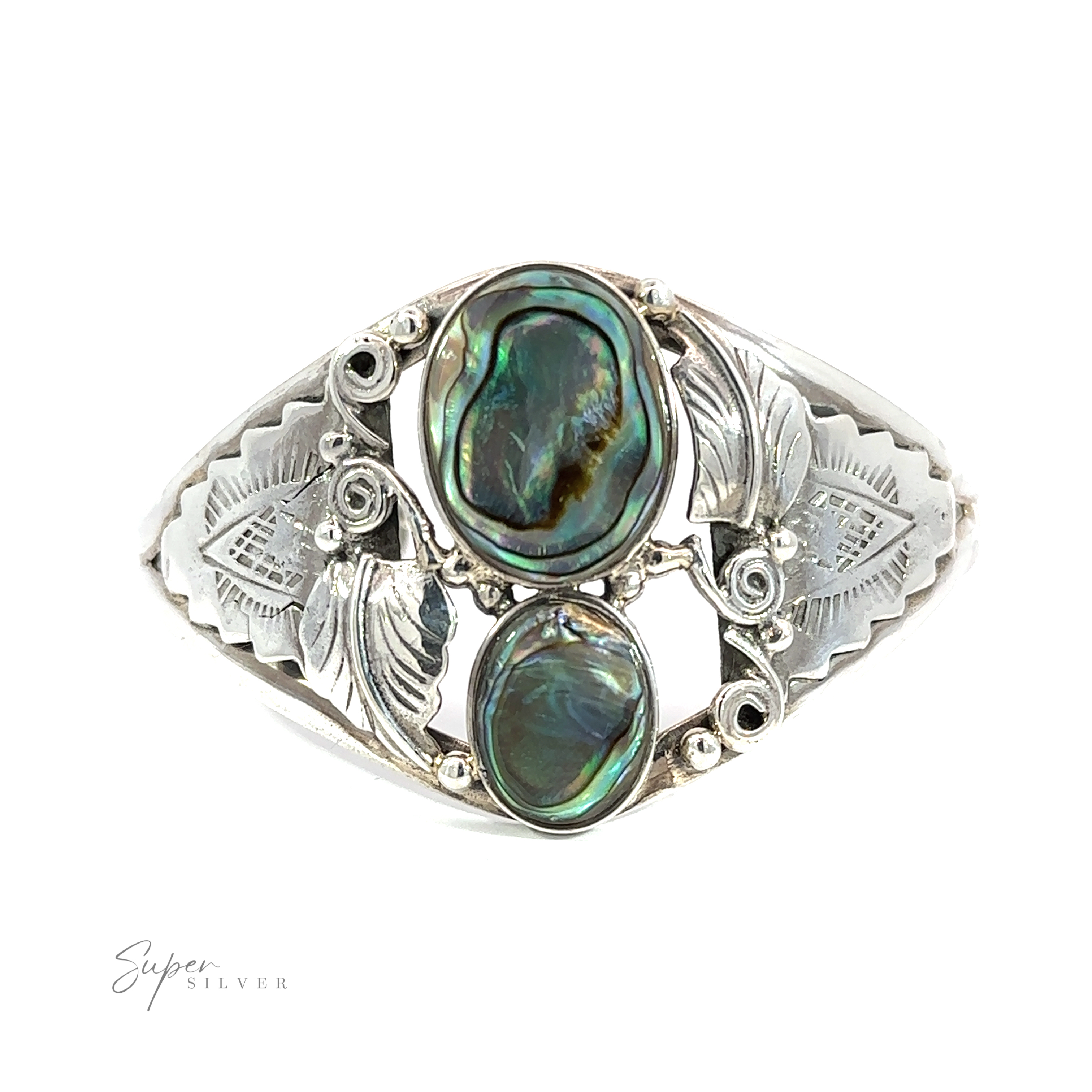 A sterling silver cuff bracelet adorned with an Abalone Two Ovals with Flowers Bracelet shell.