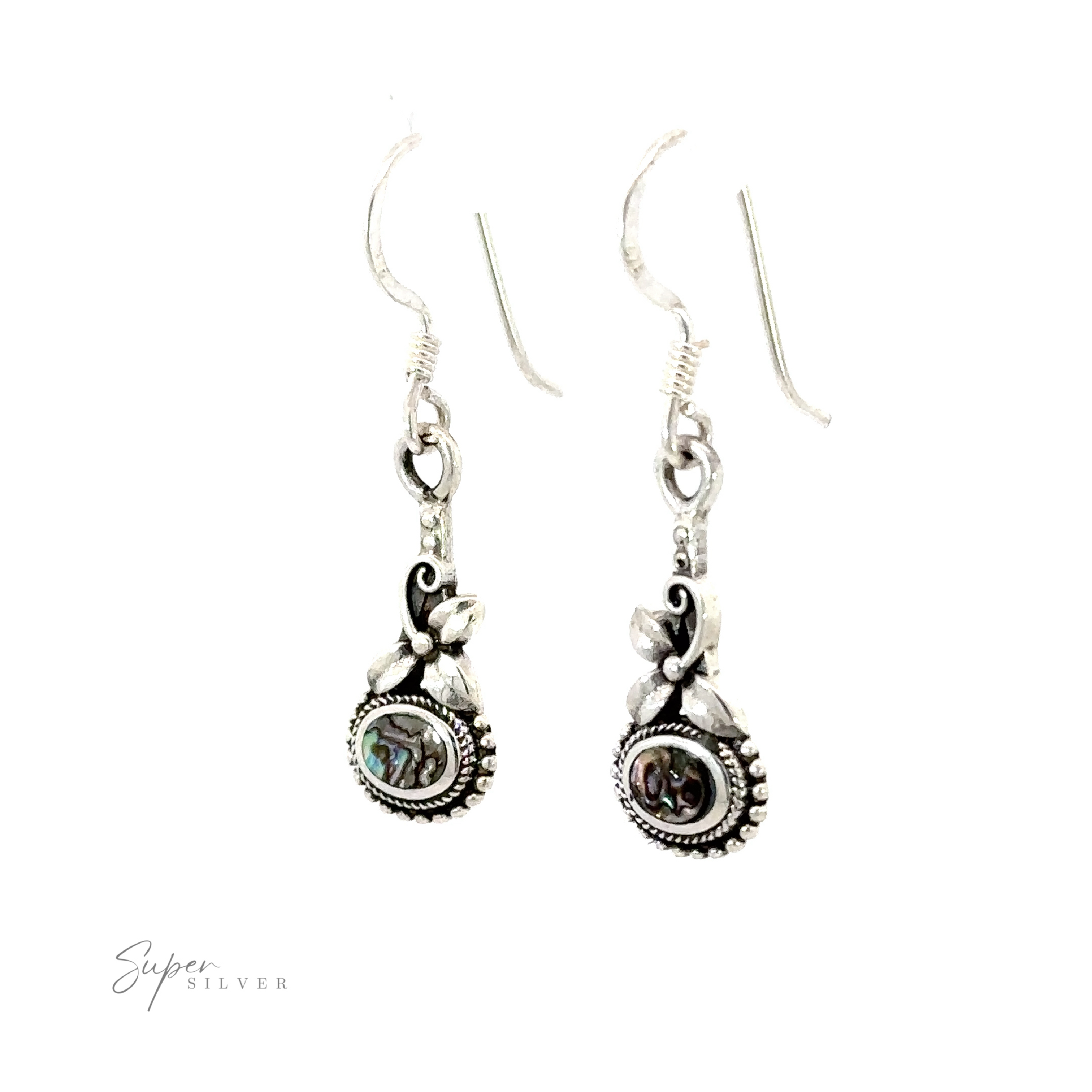 Inlaid Flower Earrings with Oval Stone with intricate floral designs, featuring small oval multicolored gemstones set in the center. These lightweight bohemian-style treasures capture a touch of vintage charm. Text reads "Super Silver" in the bottom left corner.