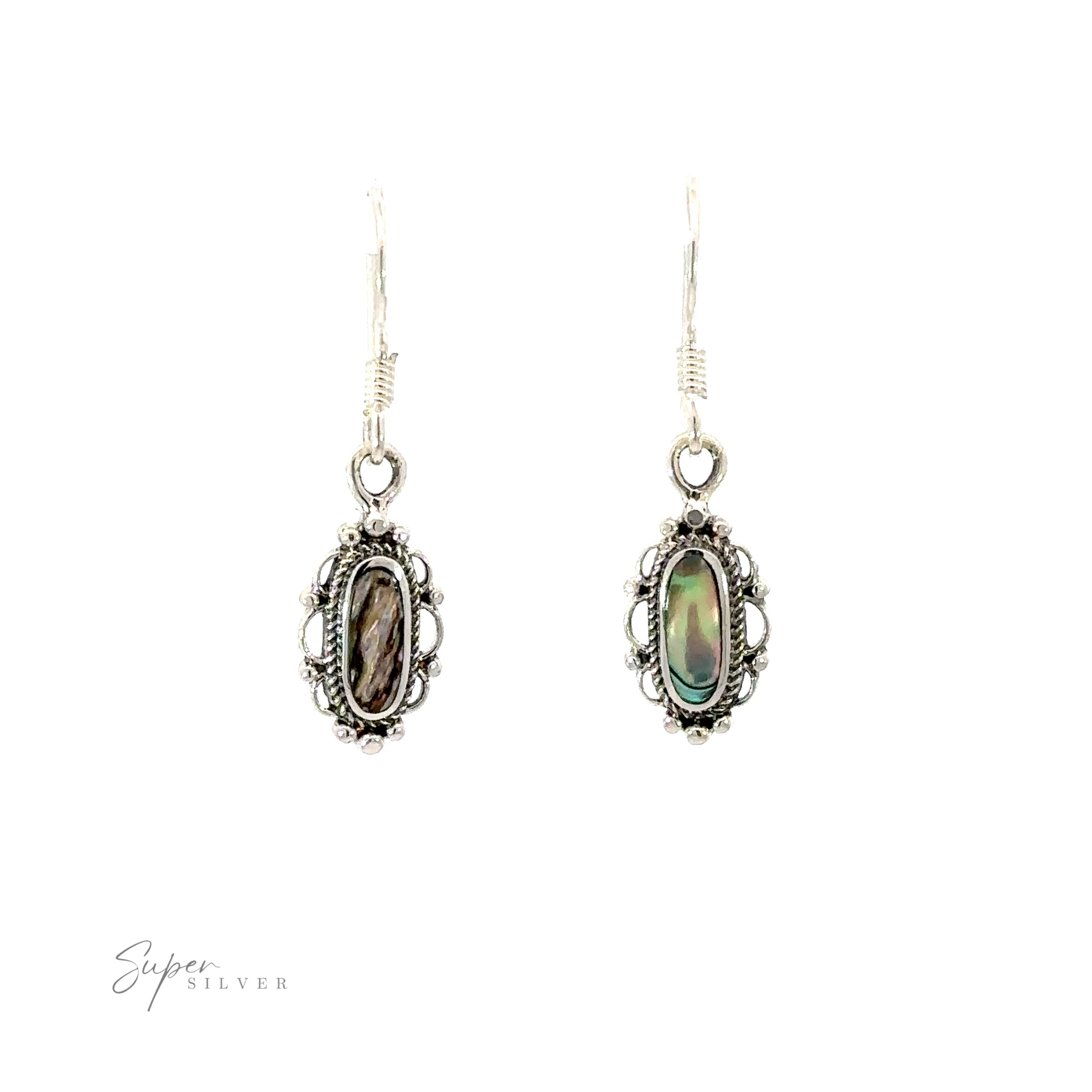 A pair of Dainty Vintage Inspired Oval Inlaid Stone Earrings with a black abalone shell.