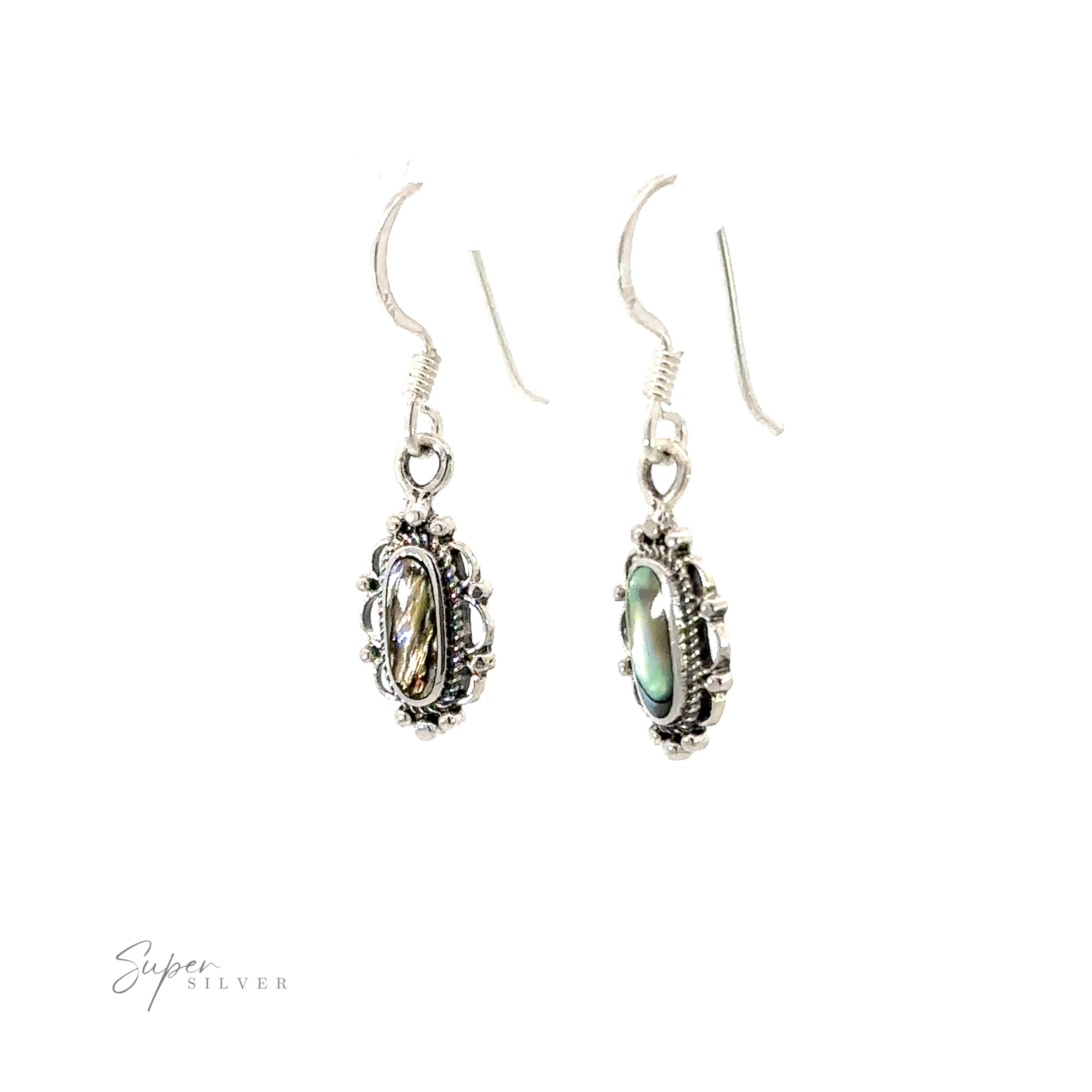 A pair of dainty vintage inspired oval inlaid stone earrings with black abalone shell.