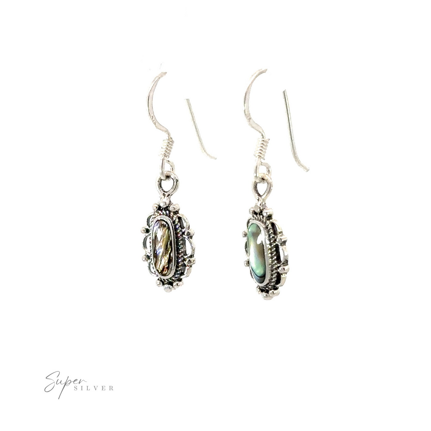 
                  
                    A pair of dainty vintage inspired oval inlaid stone earrings with black abalone shell.
                  
                