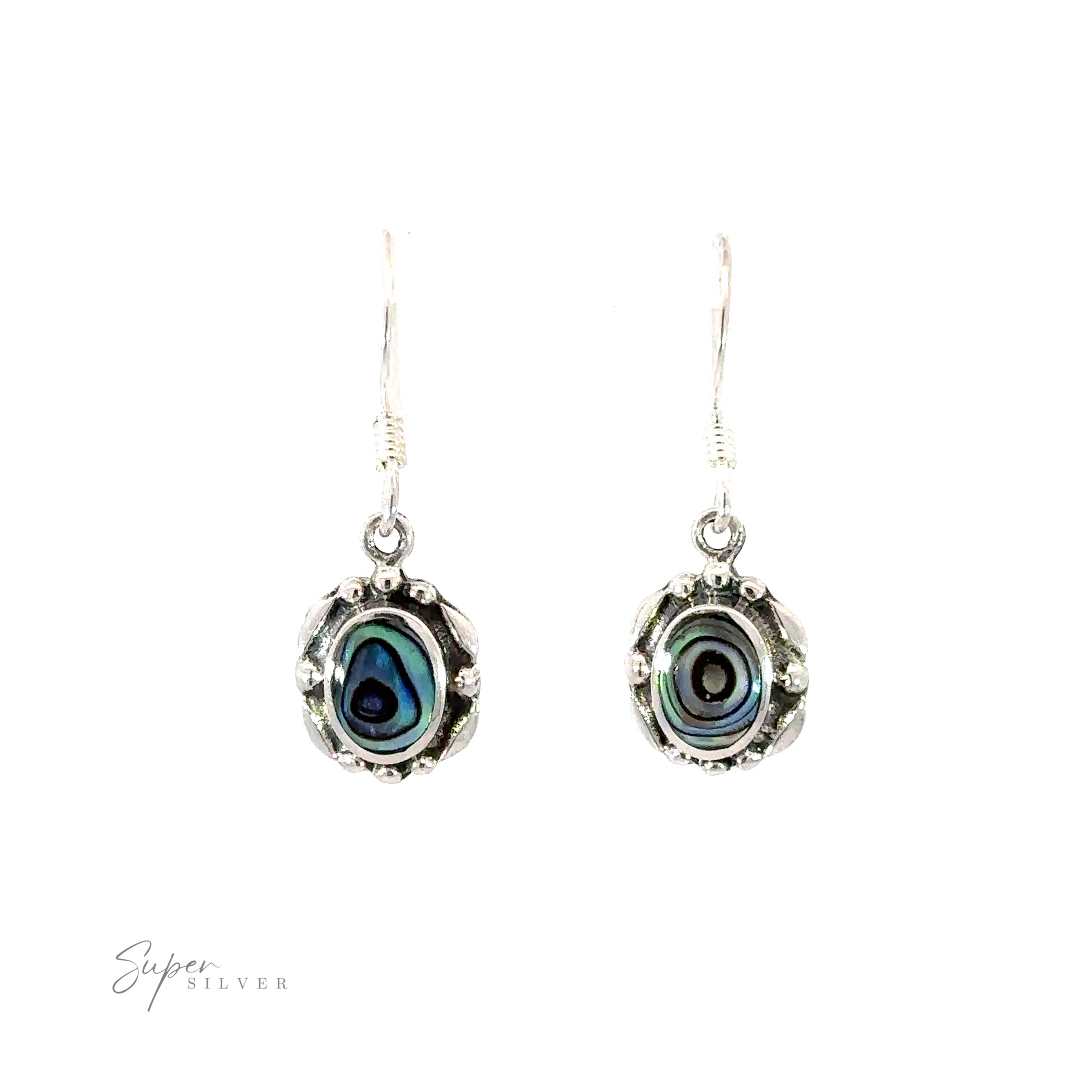 A pair of sterling silver Oval Inlaid Stone Earrings with an inlaid abalone shell.