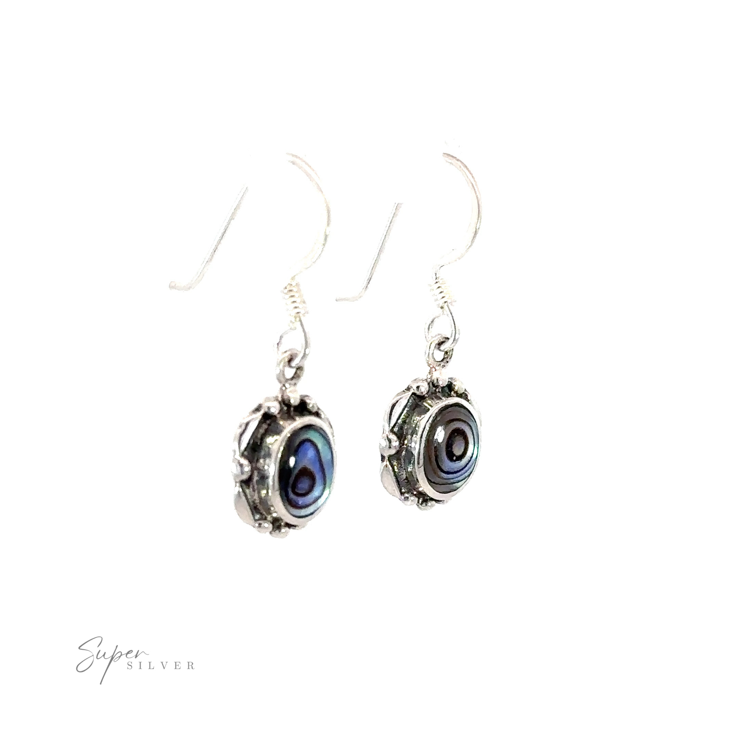 A pair of Oval Inlaid Stone Earrings with a blue and silver design.