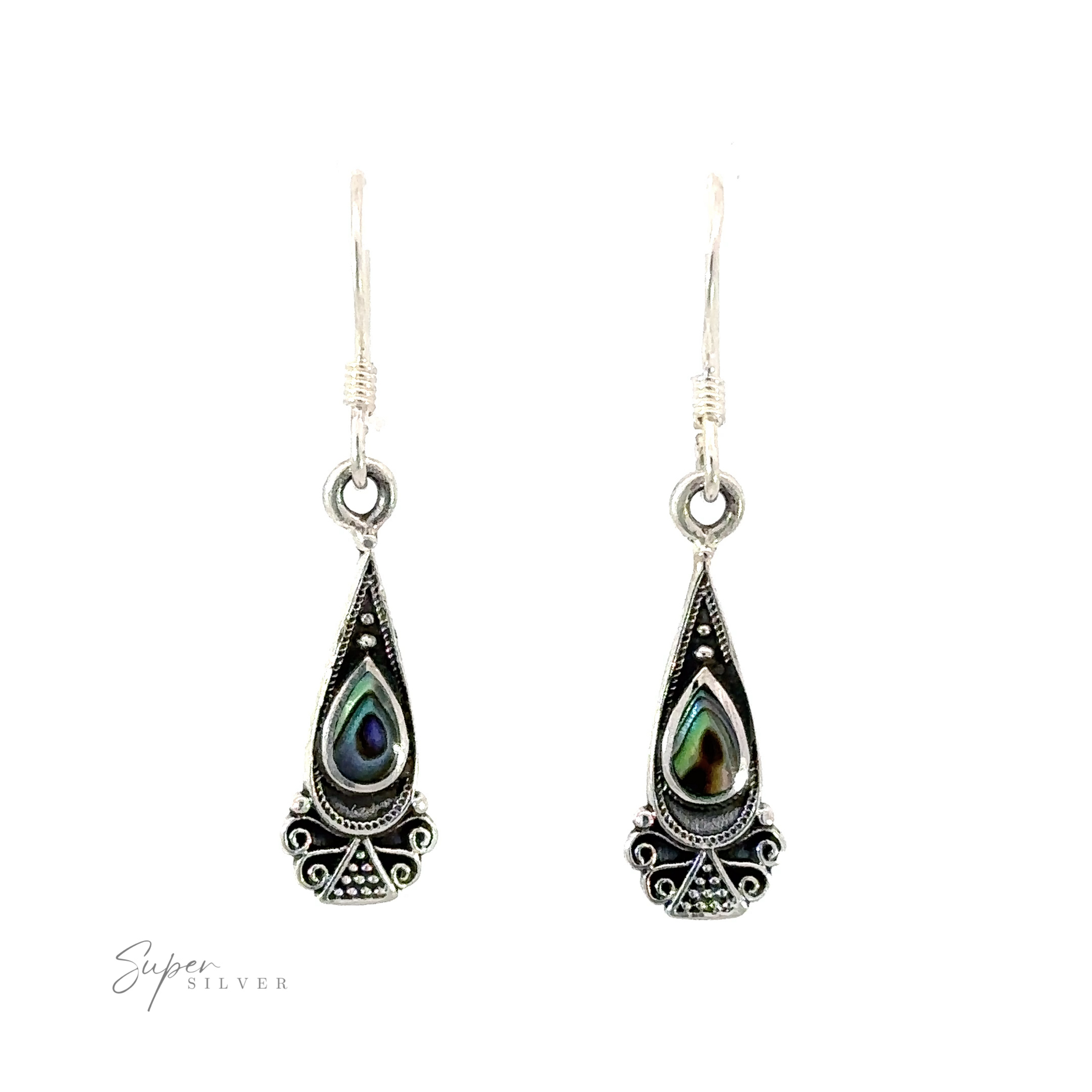 A pair of Bali Inspired Teardrop Shaped Earrings With Inlay Stones.