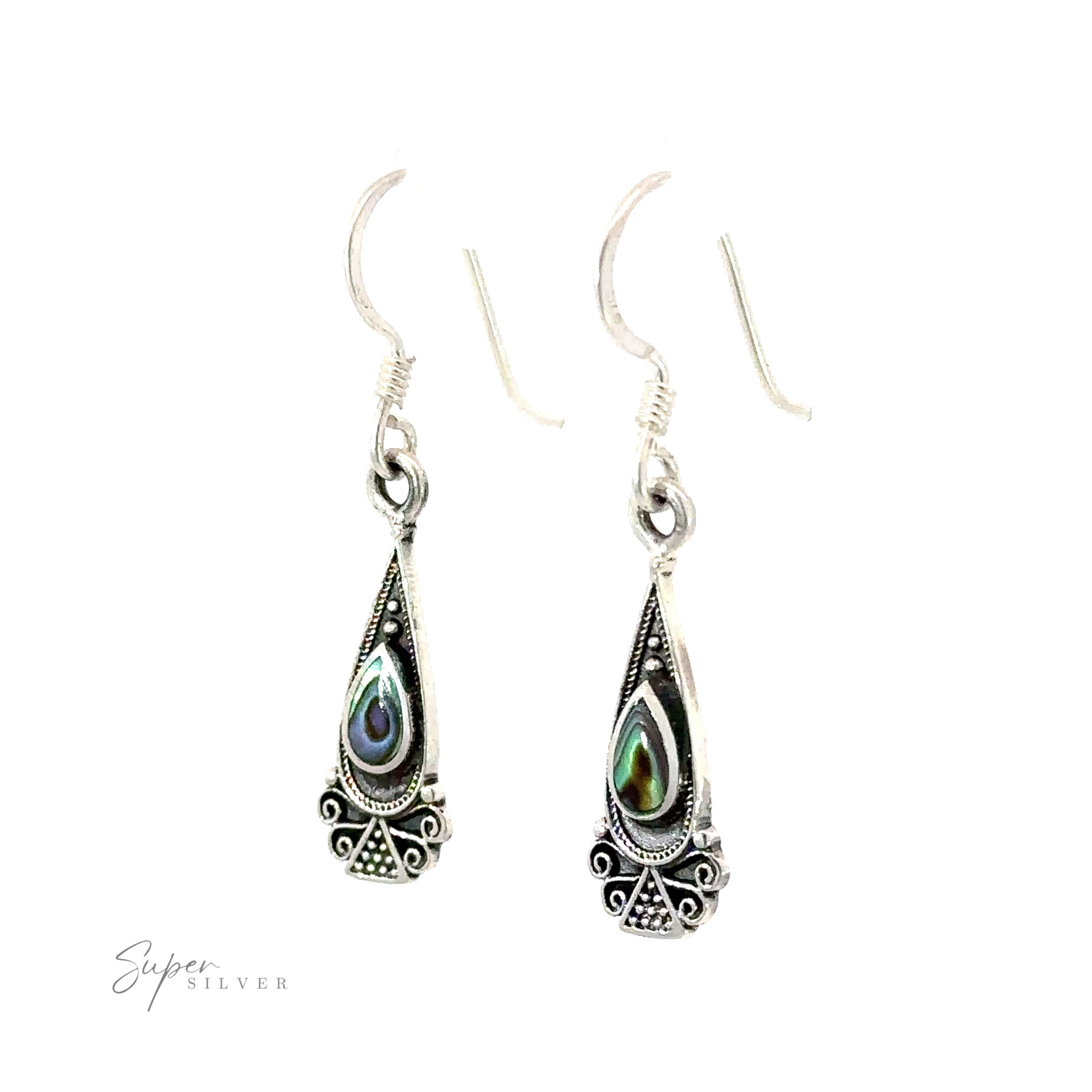 These sterling silver earrings feature abalone shells inlaid within a dainty teardrop design. Handcrafted in Bali.
