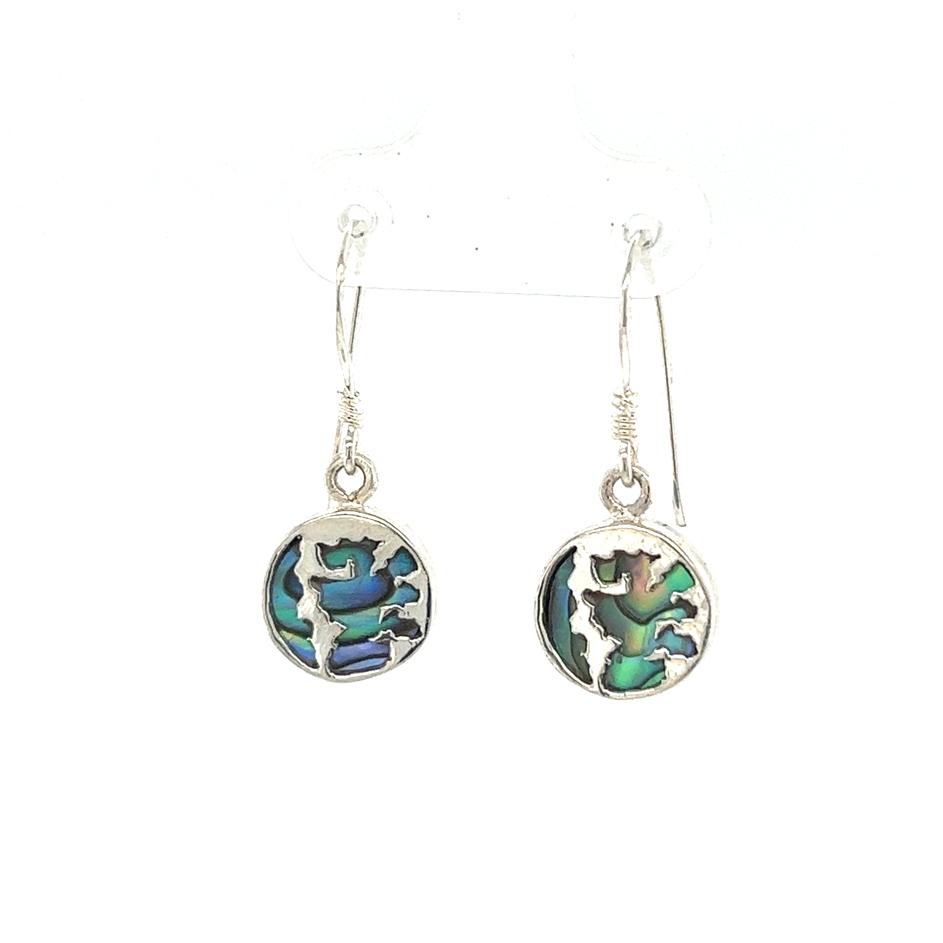 Beautiful Round Abalone Earrings with Overlay Design from Super Silver on a white background.