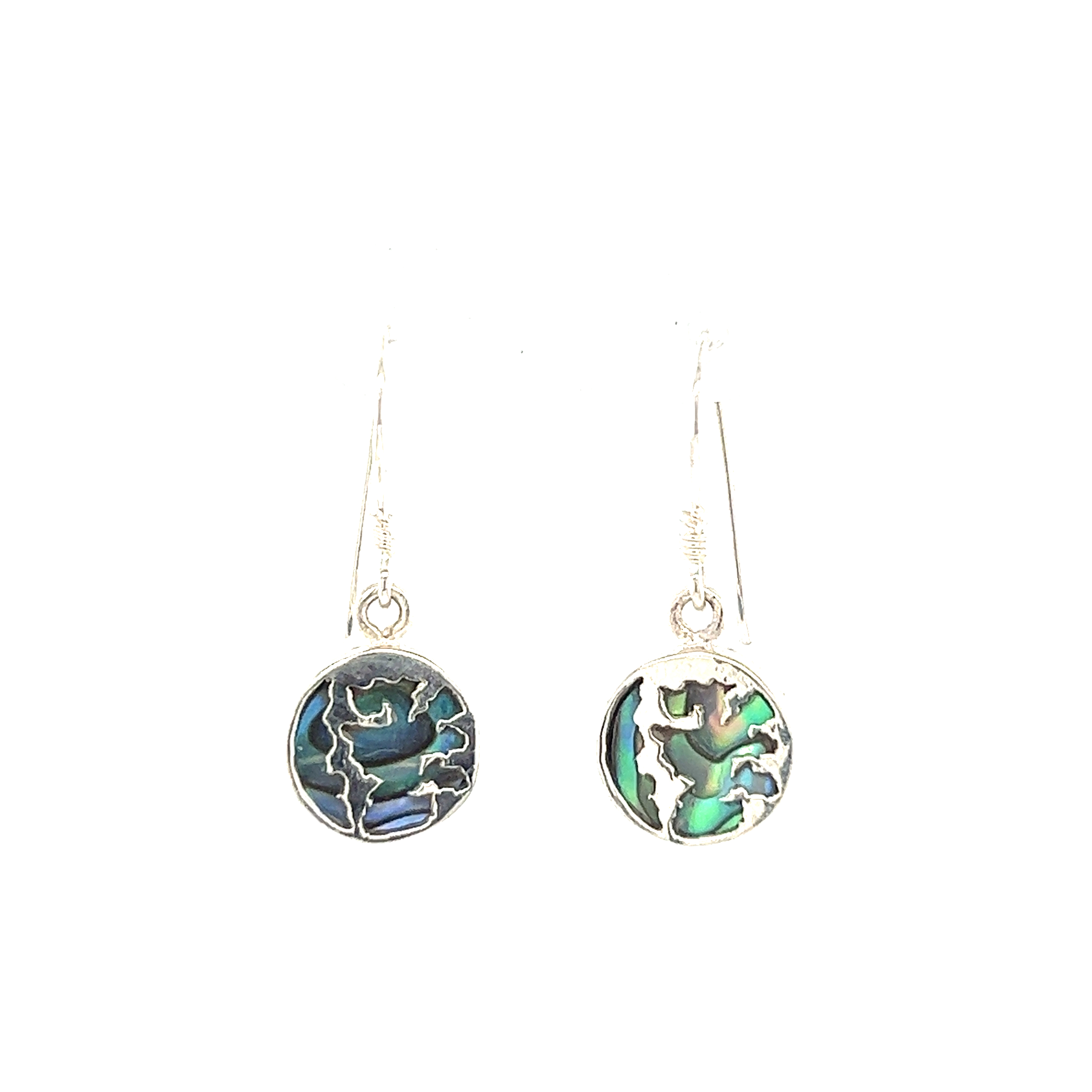 A pair of Round Abalone Earrings with Overlay Design by Super Silver on a white background, showcasing the beauty of these stunning shells.