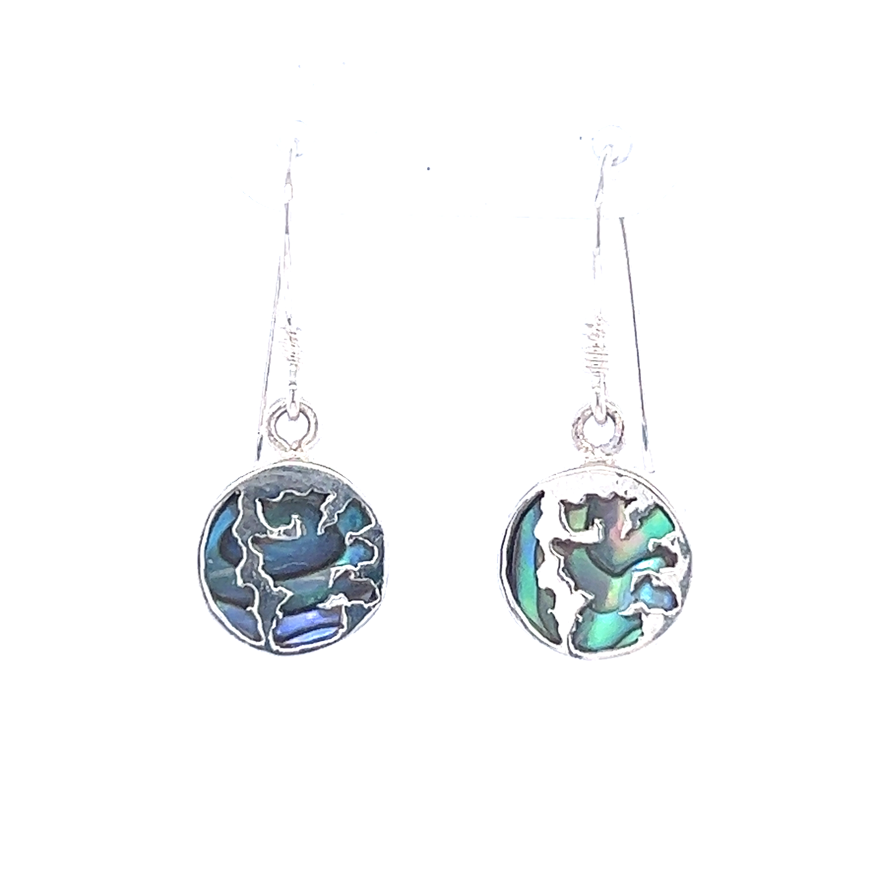 A pair of Super Silver Round Abalone Earrings with Overlay Design showcasing their natural beauty against a white background.