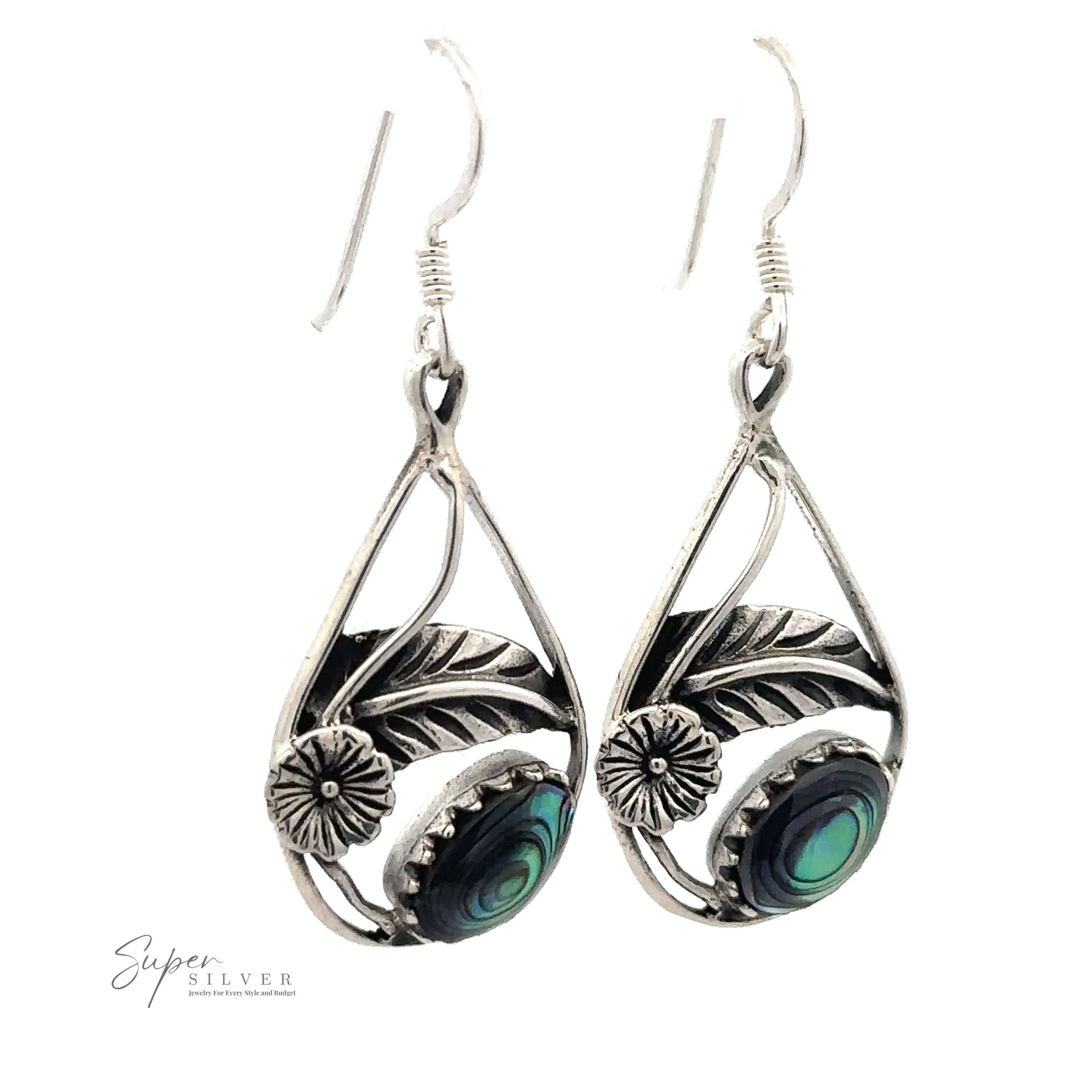 A pair of Inlaid Teardrop Earrings With Floral Setting featuring intricate leaf and flower designs with small green and blue stone accents.