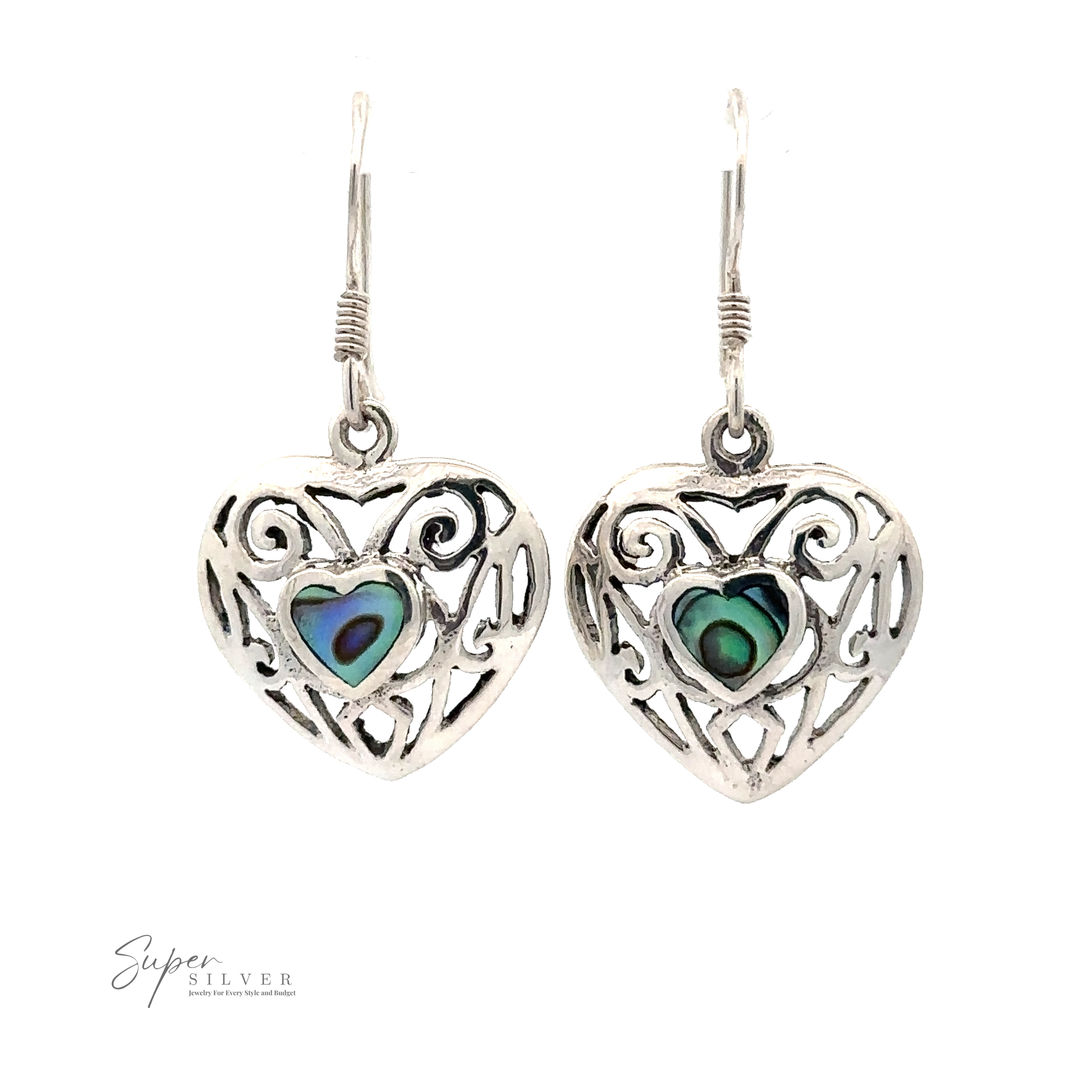 Elegant Heart Shaped Abalone Earrings crafted in a delicate heart shape with intricate filigree design, featuring a smaller, colorful abalone gemstone heart in the center.