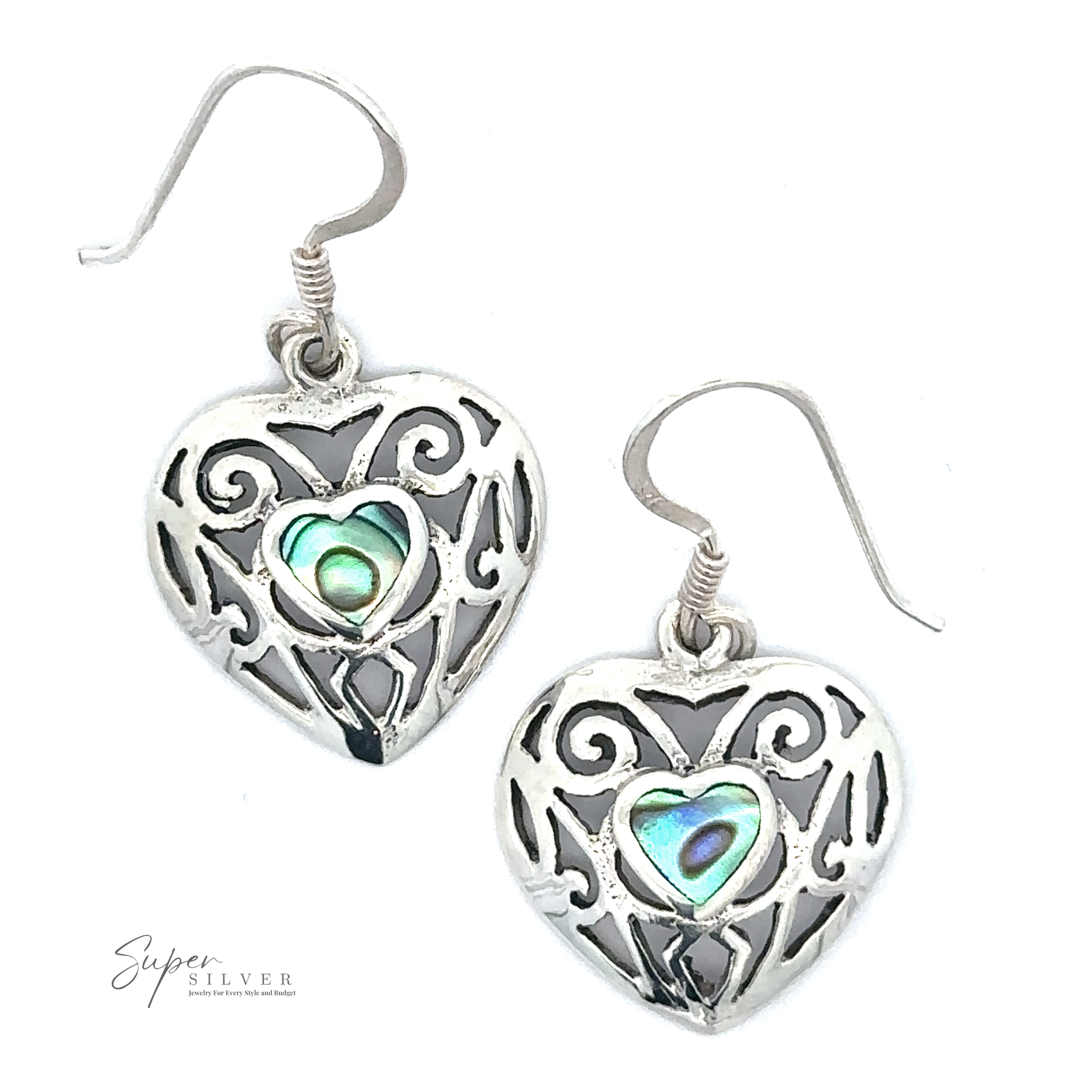 A pair of Elegant Heart Shaped Abalone Earrings.