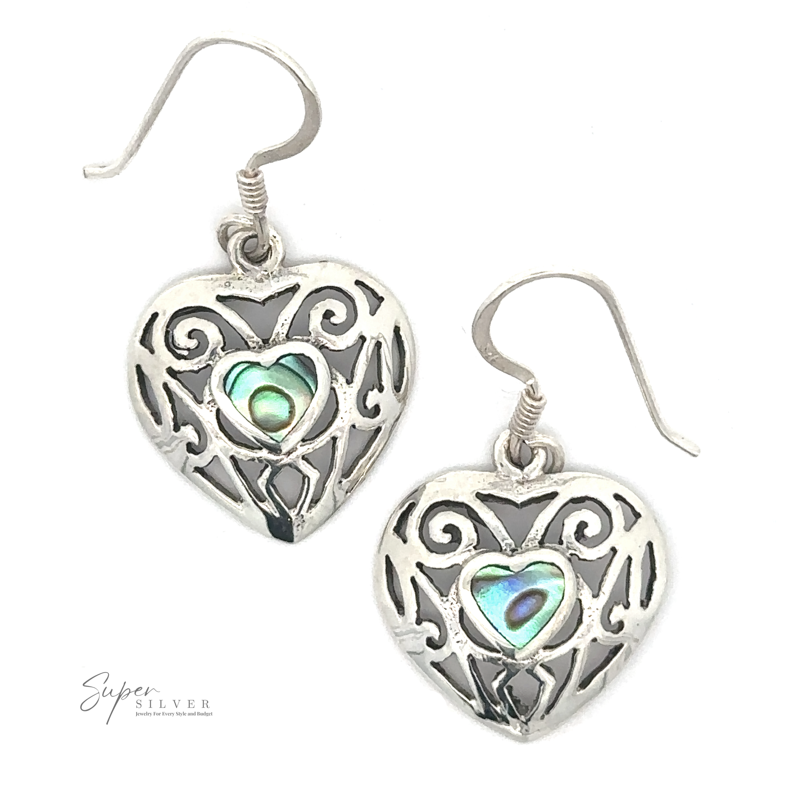 Heart-shaped sterling silver earrings with intricate designs and a small green and purple abalone shell in the center. Elegant Heart Shaped Abalone Earrings branding is visible in the bottom left corner.