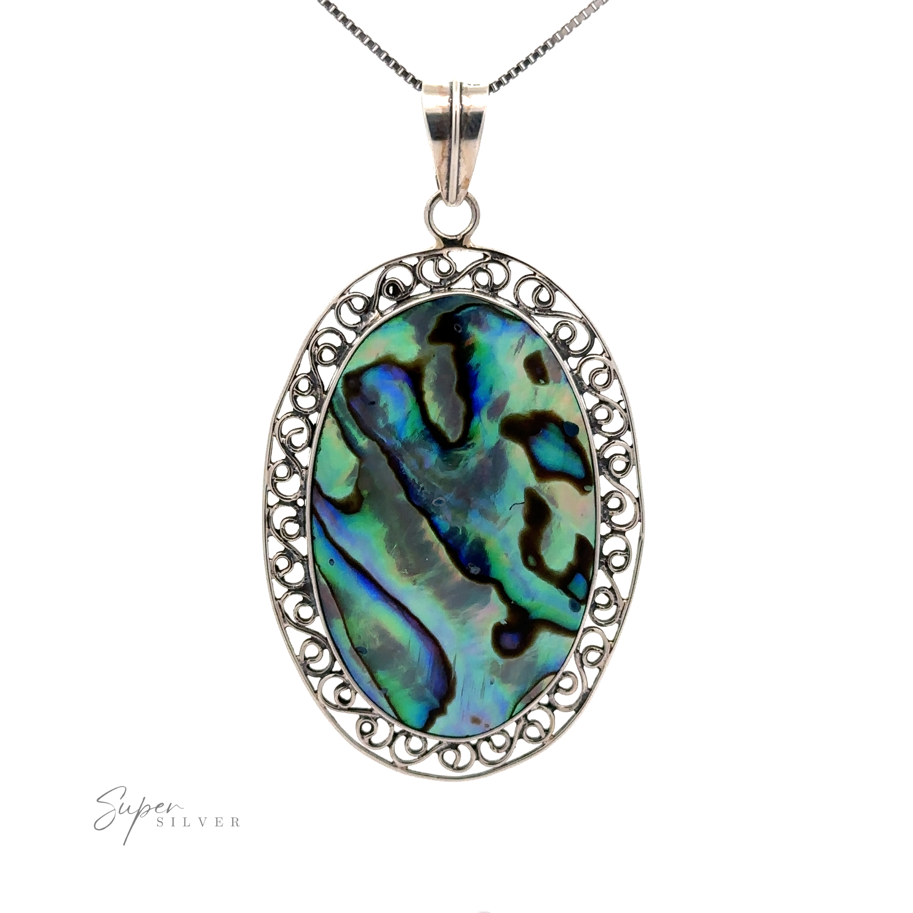 Oval Abalone Pendant with Filigree Border.