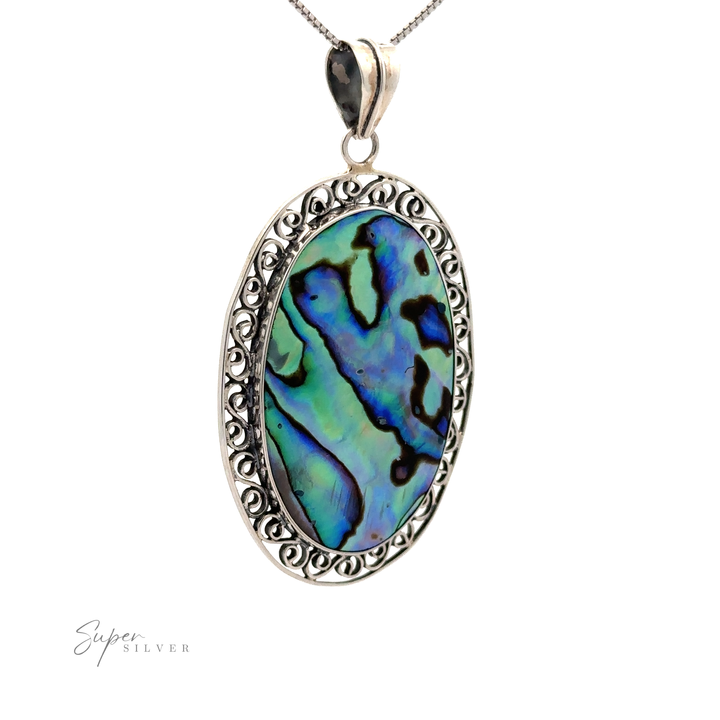 An Oval Abalone Pendant with Filigree Border featuring a greenish-blue shell encased in an ornate sterling silver filigree setting, hanging from a silver chain. The pendant has intricate detailing around the shell.