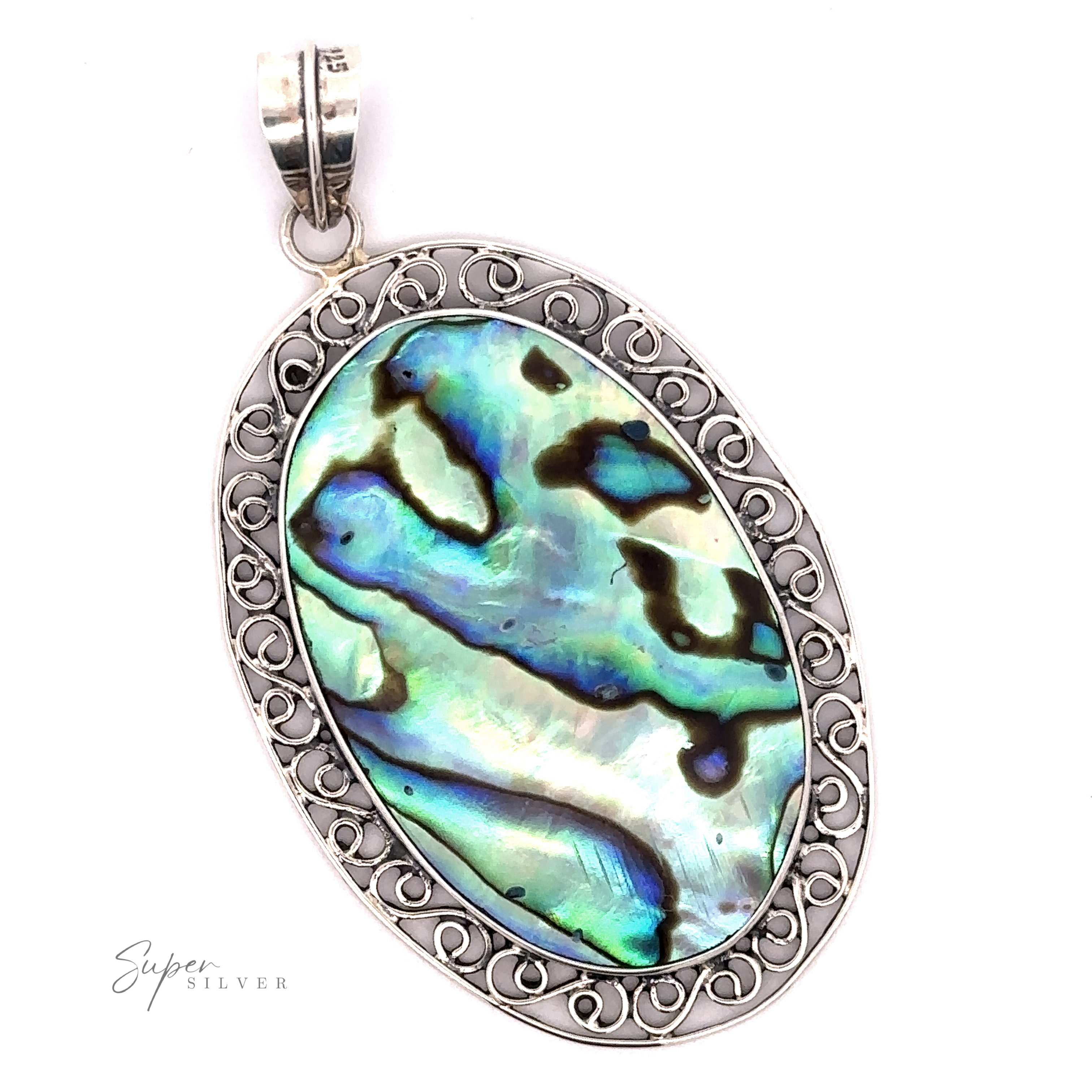 Oval Abalone Pendant with Filigree Border with ornate sterling silver frame and attached bail, labeled "Super Silver" in the bottom left corner.