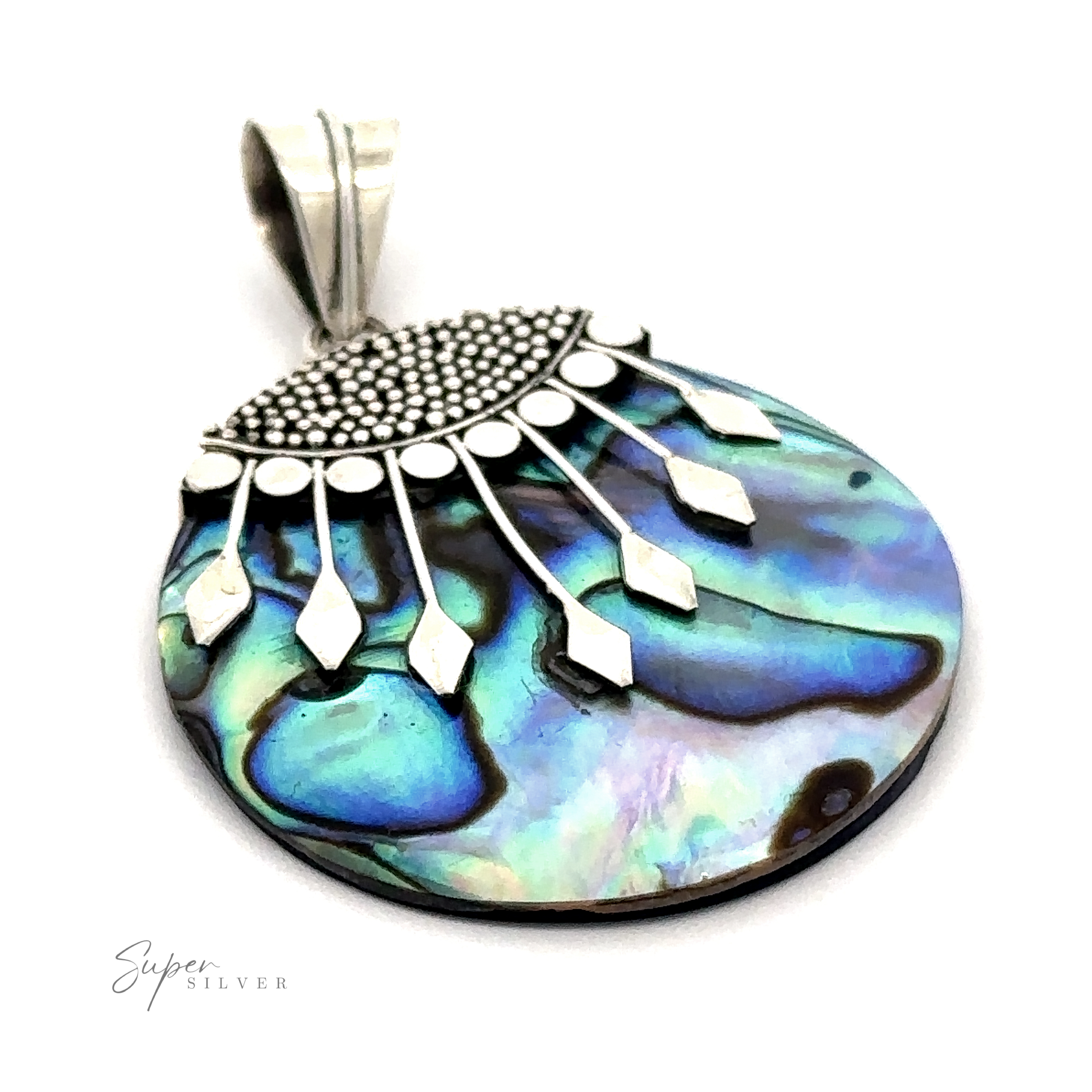 A Circle Abalone Pendant with sterling silver accents, designed in a radial pattern. The abalone shell displays iridescent blue and green hues. "Circle Abalone Pendant" text adorns the lower left corner, enhanced with intricate Bali details.