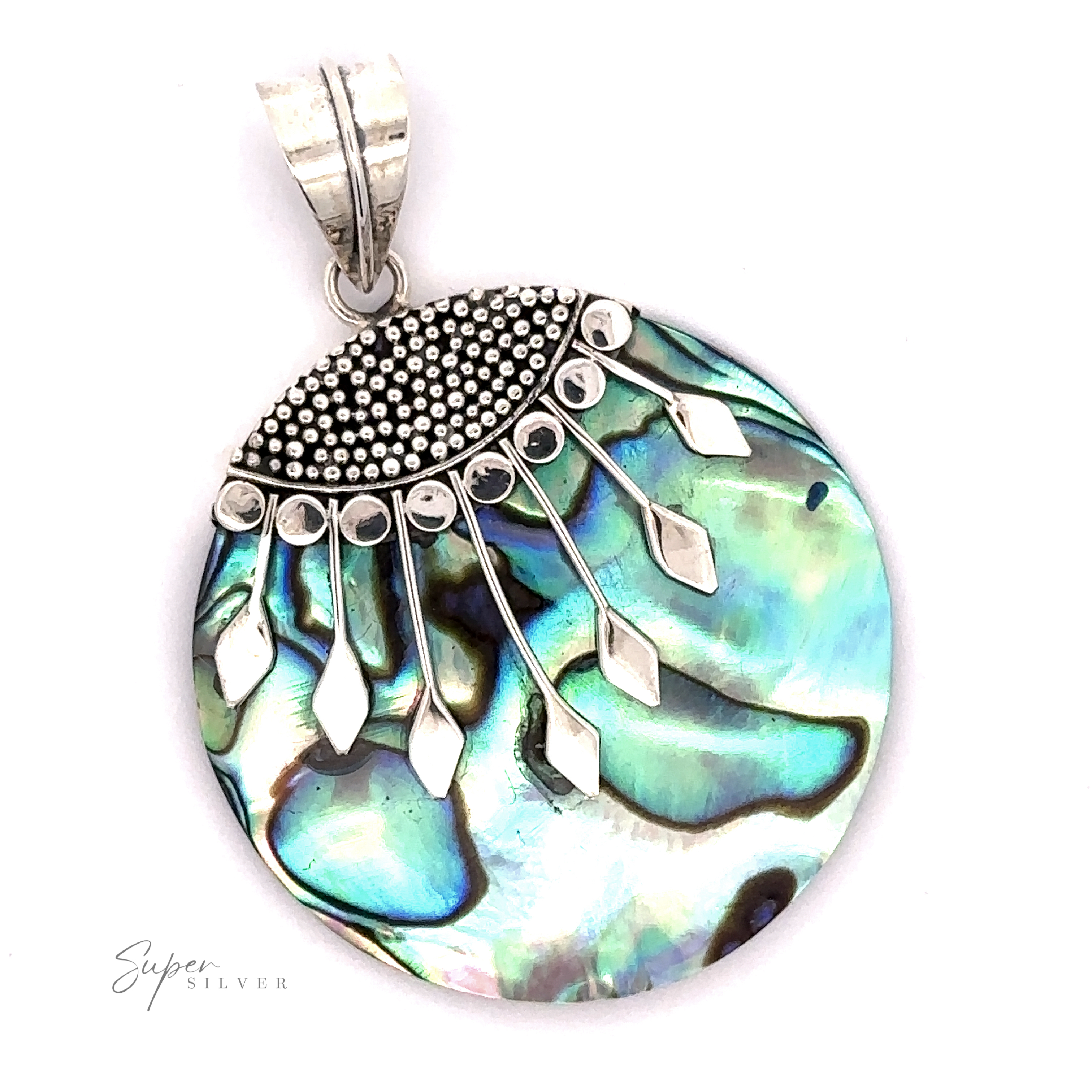 Round sterling silver abalone shell Circle Abalone Pendant with metal accents and leaf-like decorations hanging from a textured semicircular top. The pendant features vibrant green, blue, and purple hues with exquisite Bali detail.