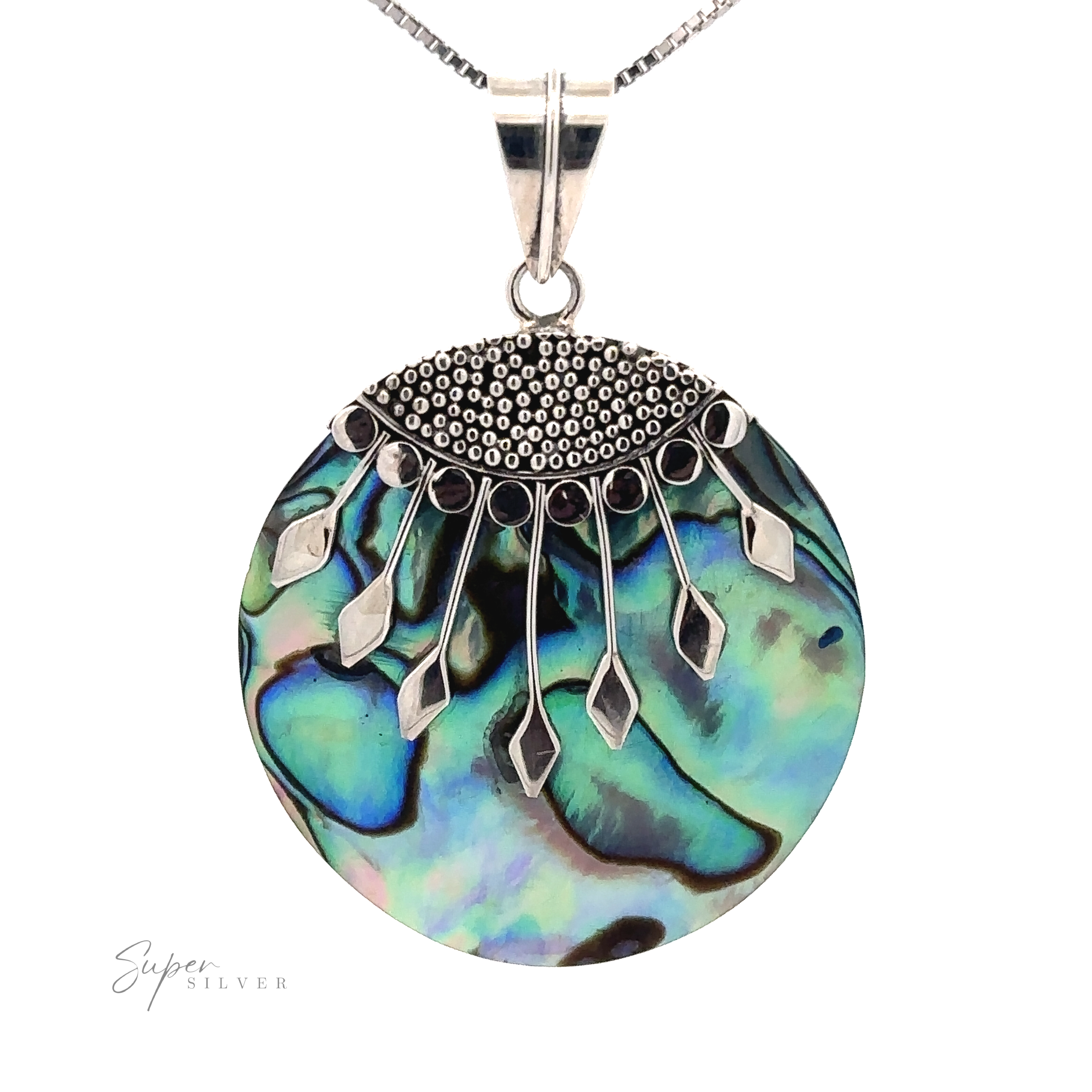 A Circle Abalone Pendant with sterling silver detailing and dangling leaf-like elements, attached to a silver chain necklace featuring intricate Bali detail.
