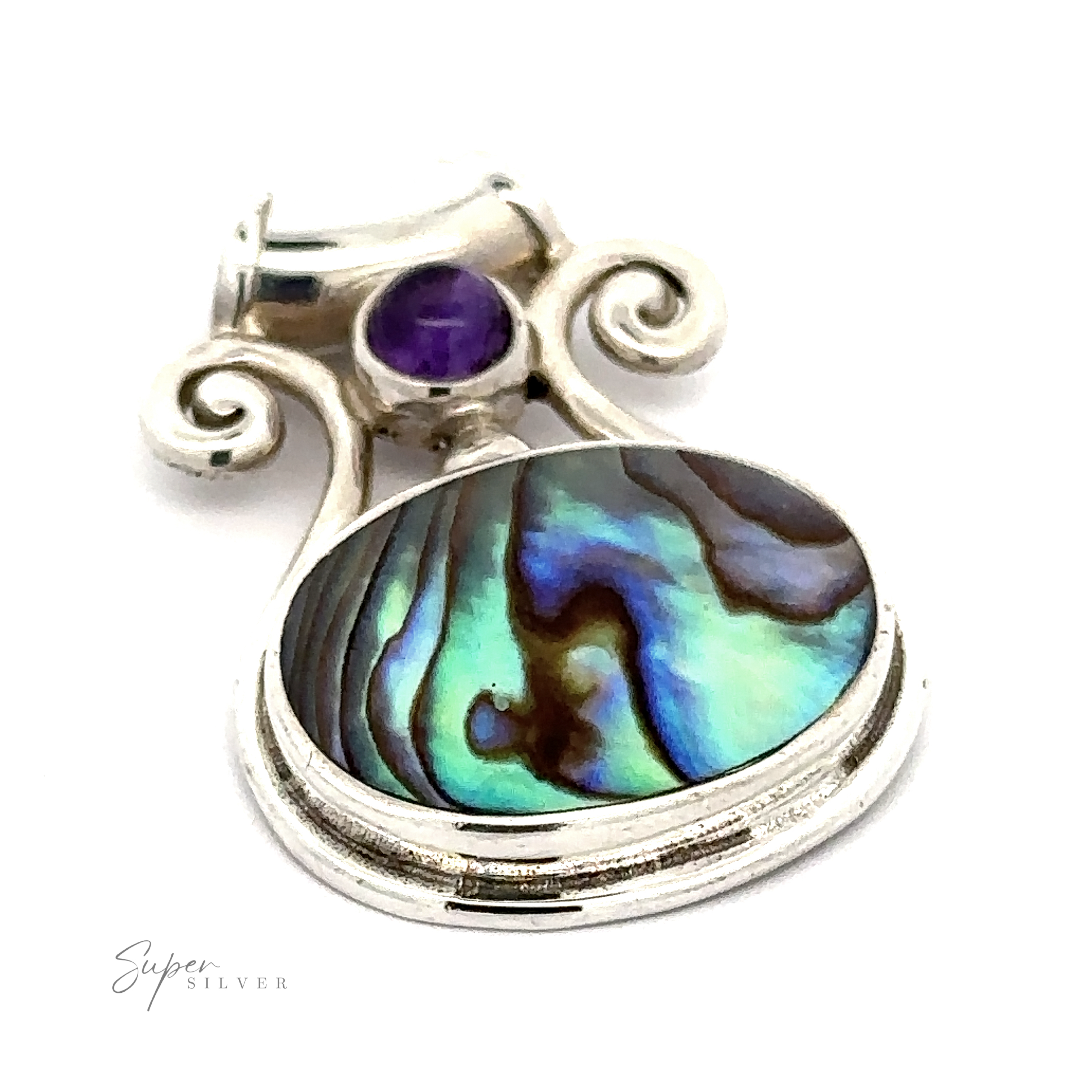 The Abalone and Amethyst Pendant showcases a large oval abalone shell and a small round amethyst in an ornate sterling silver frame with swirling details—ideal for Bohemian jewelry lovers.